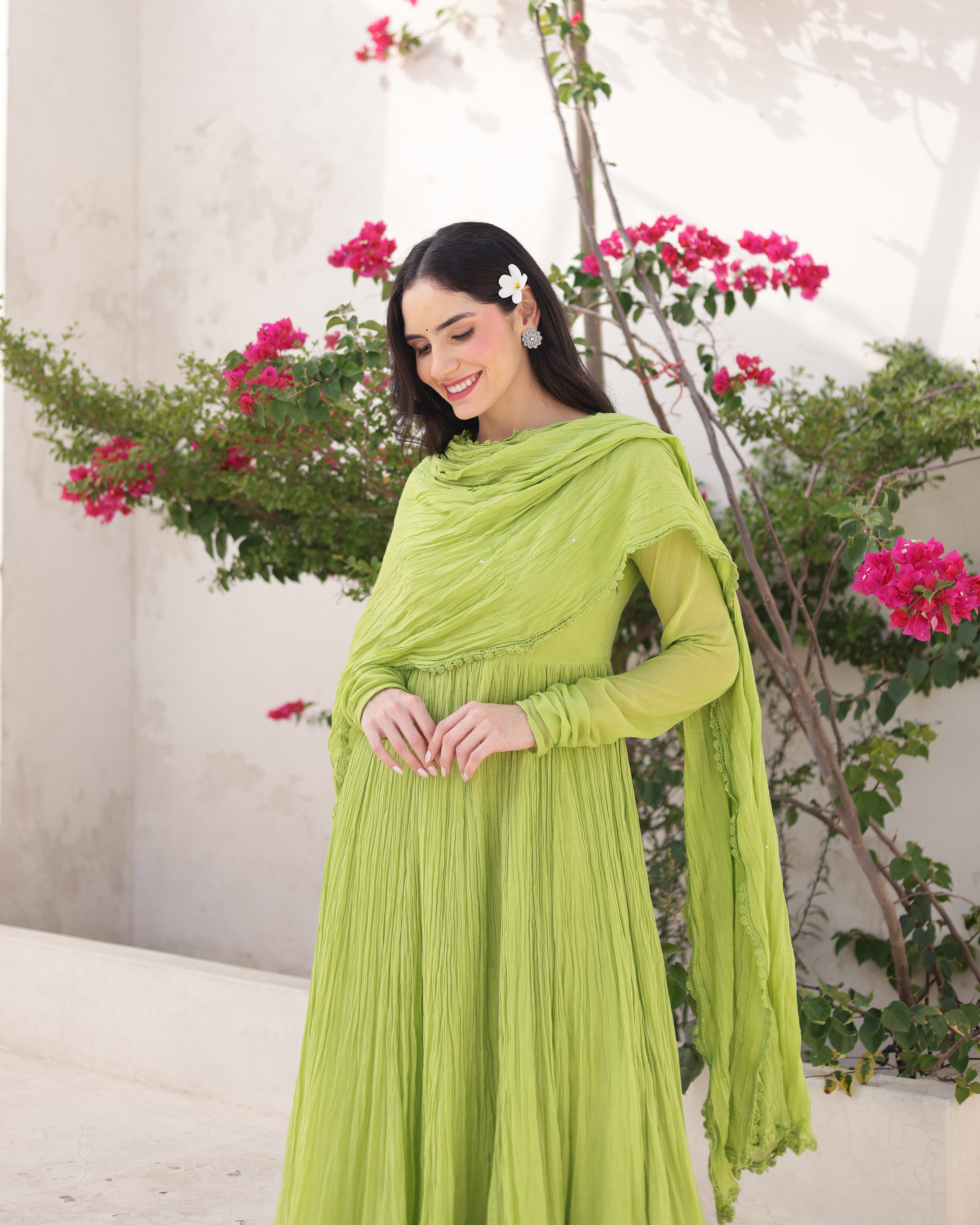 Zamrud Pistachio Green Cotton Mulmul Anarkali Set with Draped Dupatta