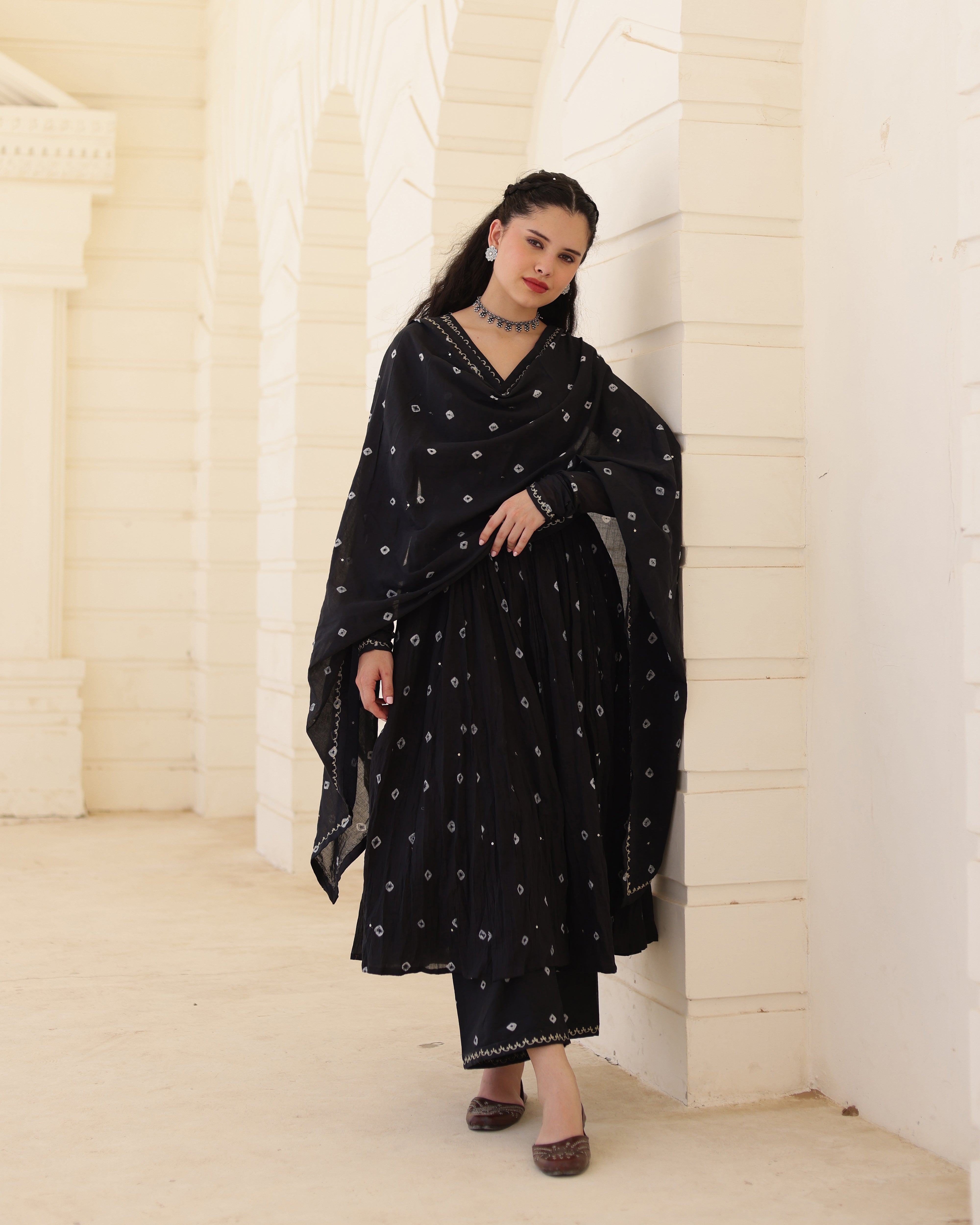Noir Bindiya Black Cotton Mulmul Bandhani Aari Zari Embroidered Suit Set