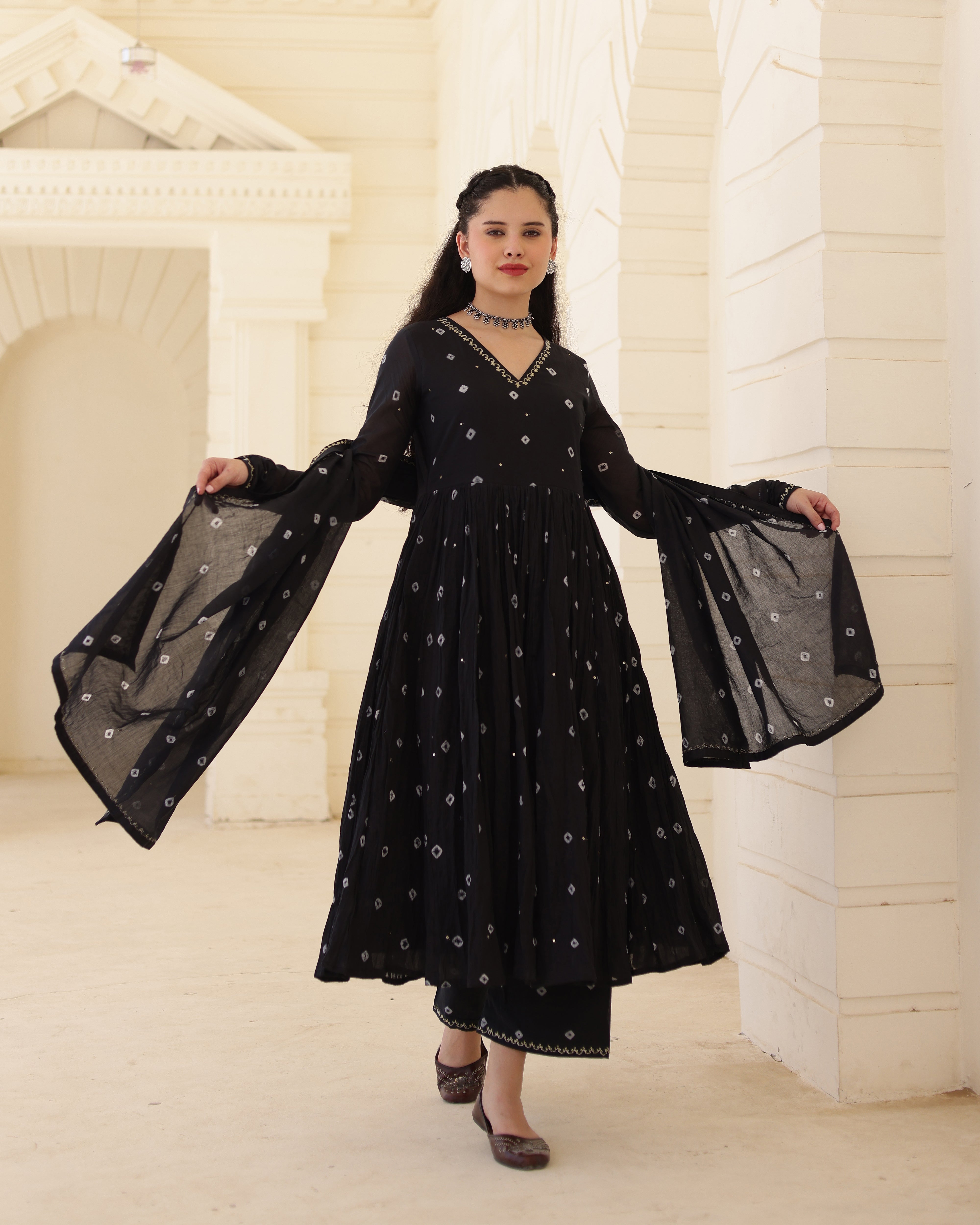 Noir Bindiya Black Cotton Mulmul Bandhani Aari Zari Embroidered Suit Set