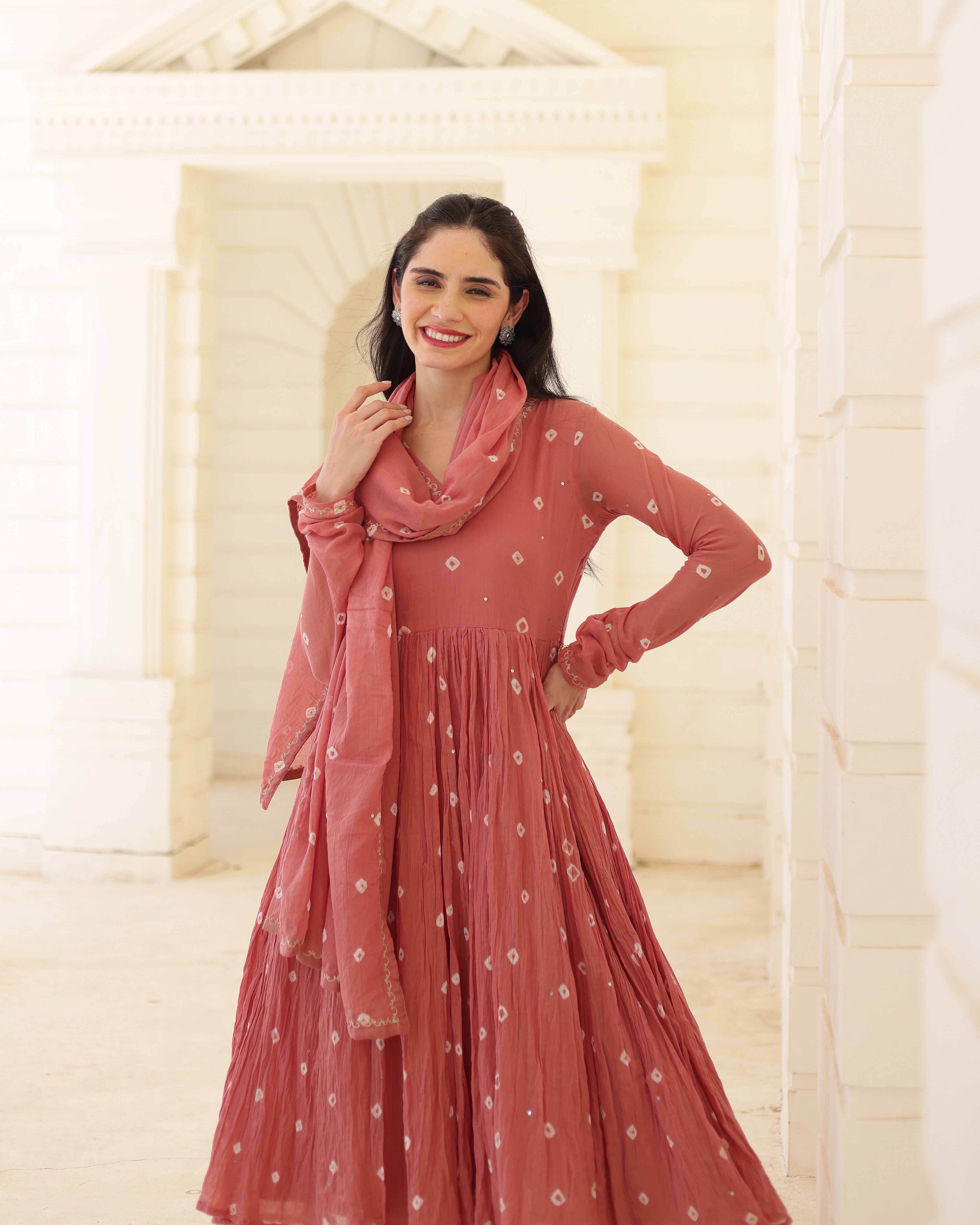 Dusty Rose Cotton Mulmul Bandhani Suit Set with Aari Zari Work