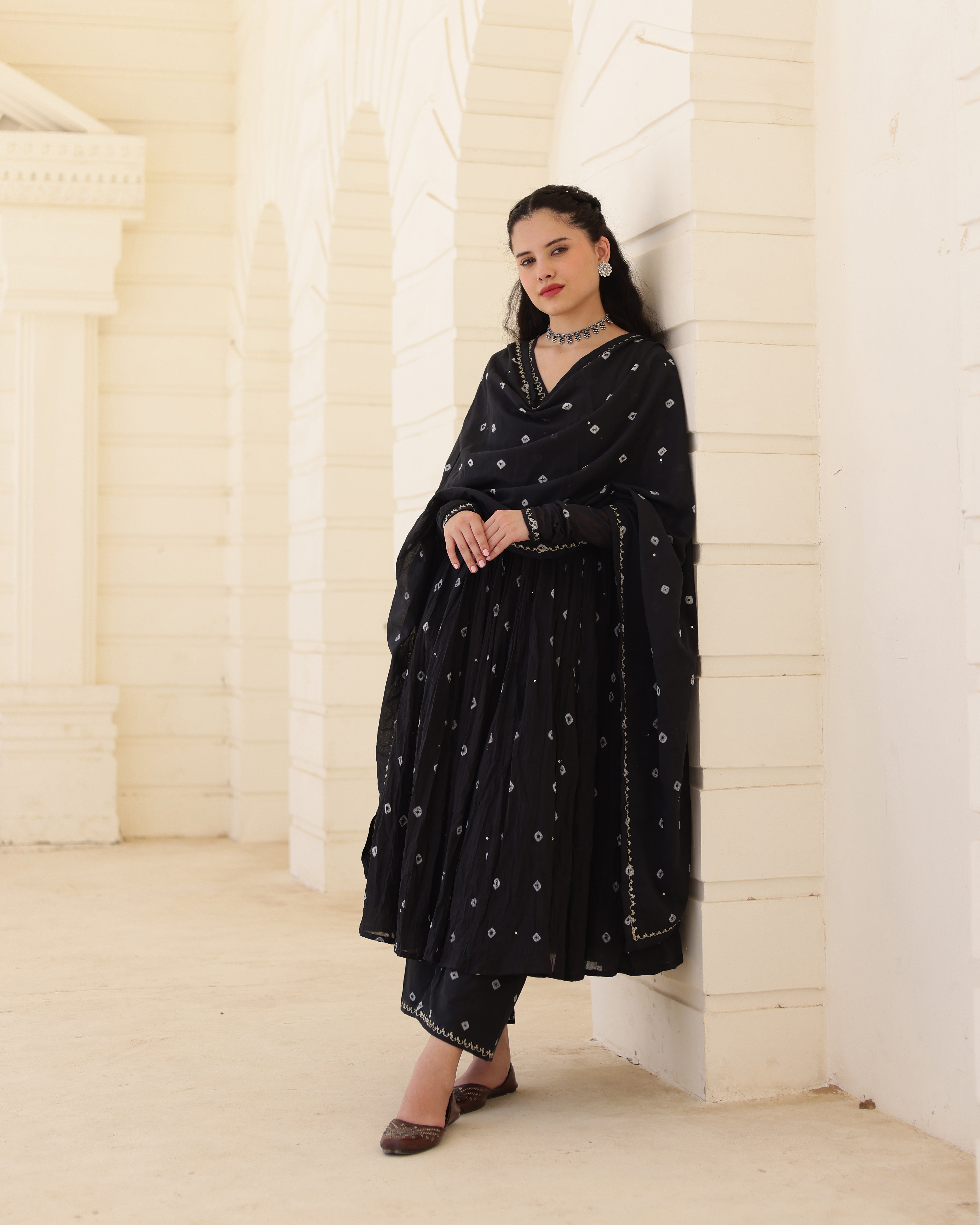 Noir Bindiya Black Cotton Mulmul Bandhani Aari Zari Embroidered Suit Set