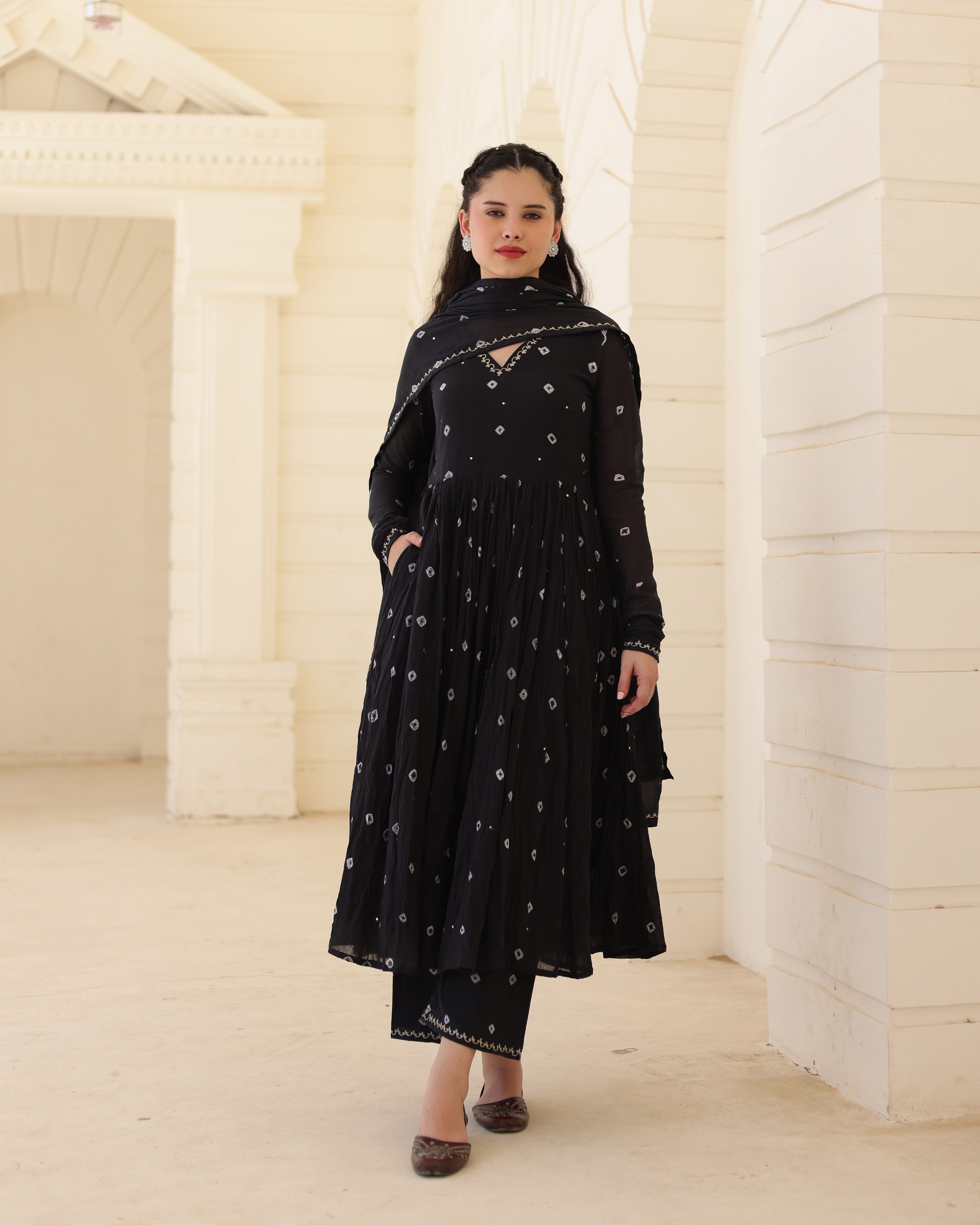 Noir Bindiya Black Cotton Mulmul Bandhani Aari Zari Embroidered Suit Set