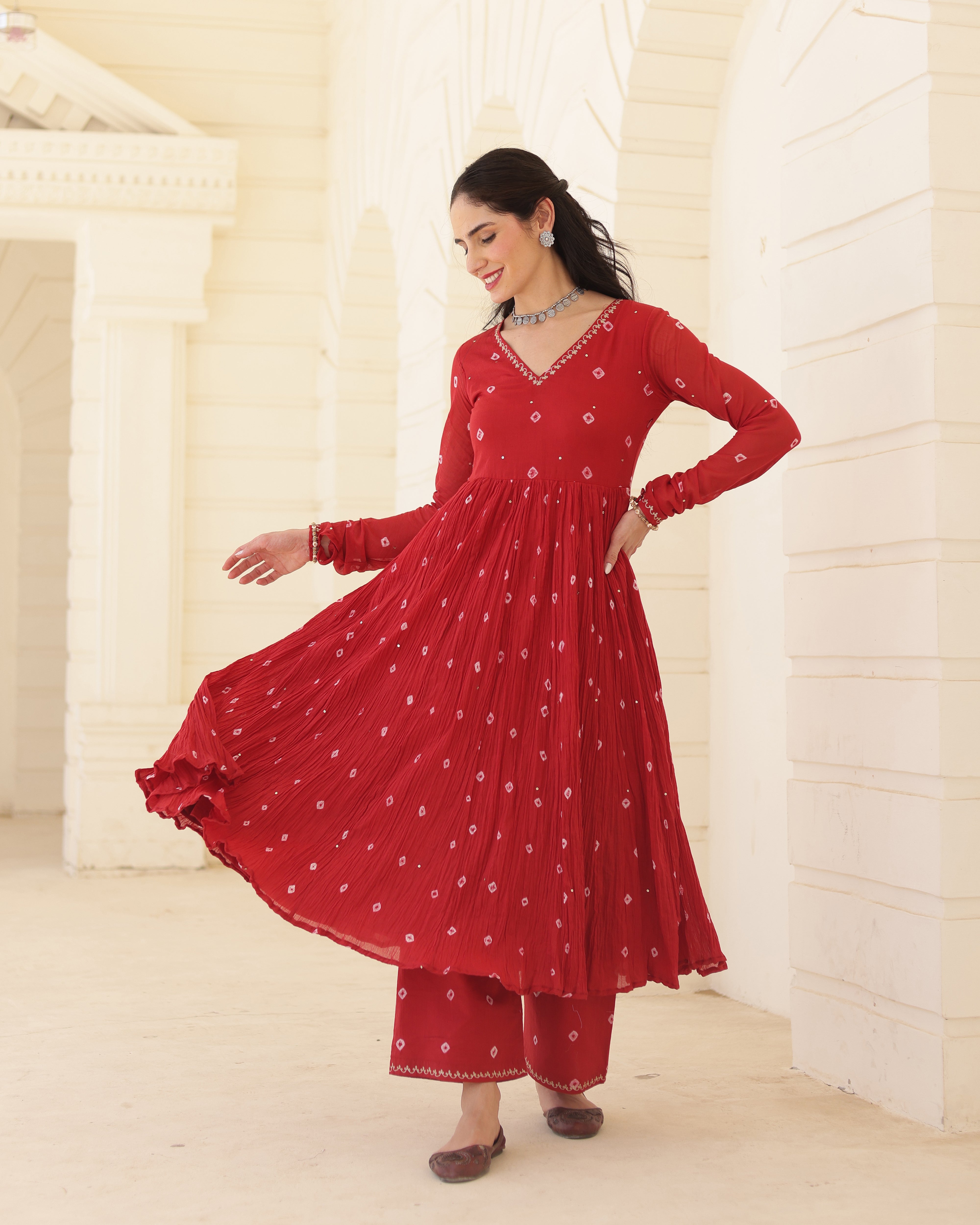 Ruhani Crimson Cotton Mulmul Bandhani Suit Set with Aari Zari Embroidery