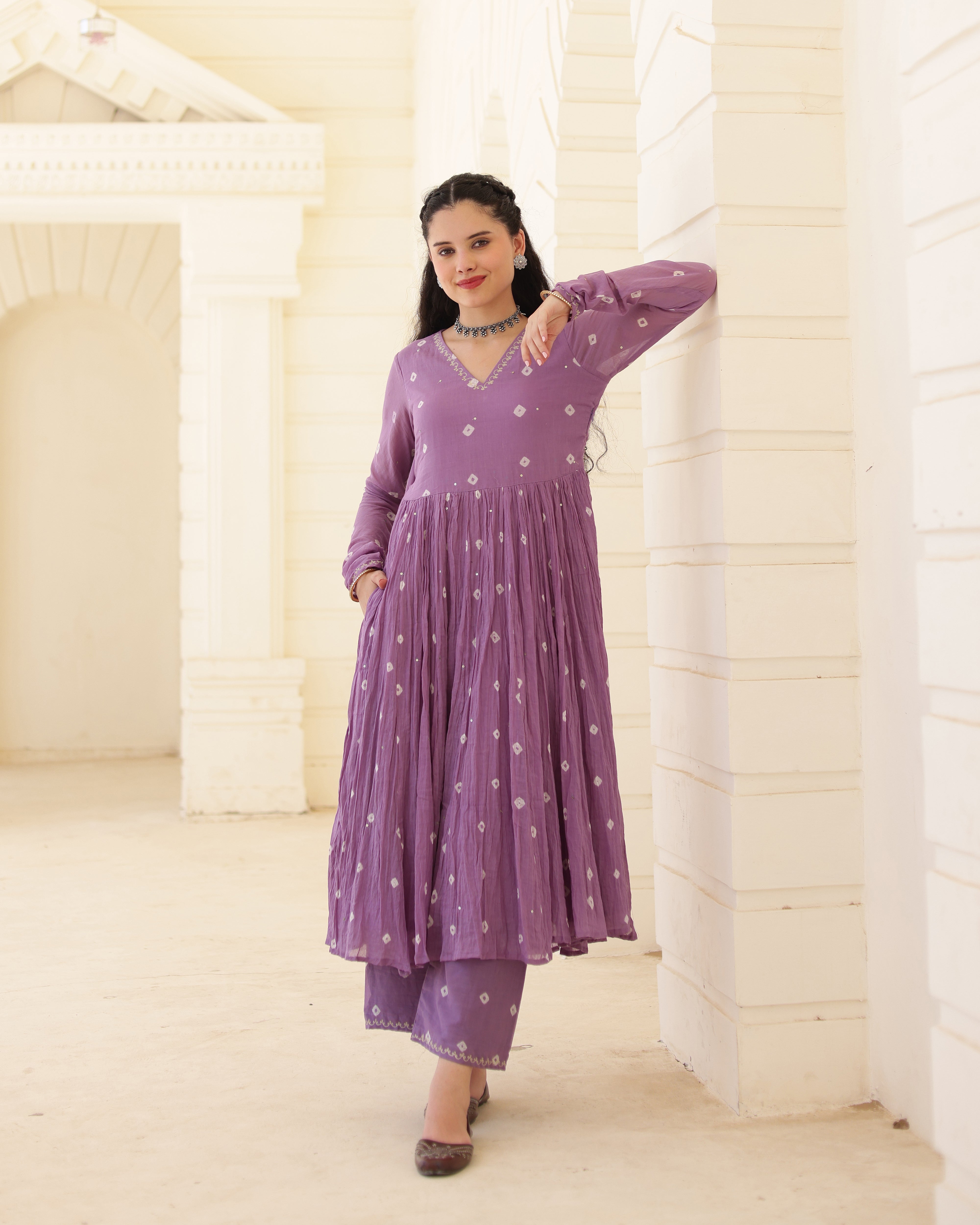 Lilac Noor Cotton Mulmul Bandhani Suit Set with Aari Zari Embroidery