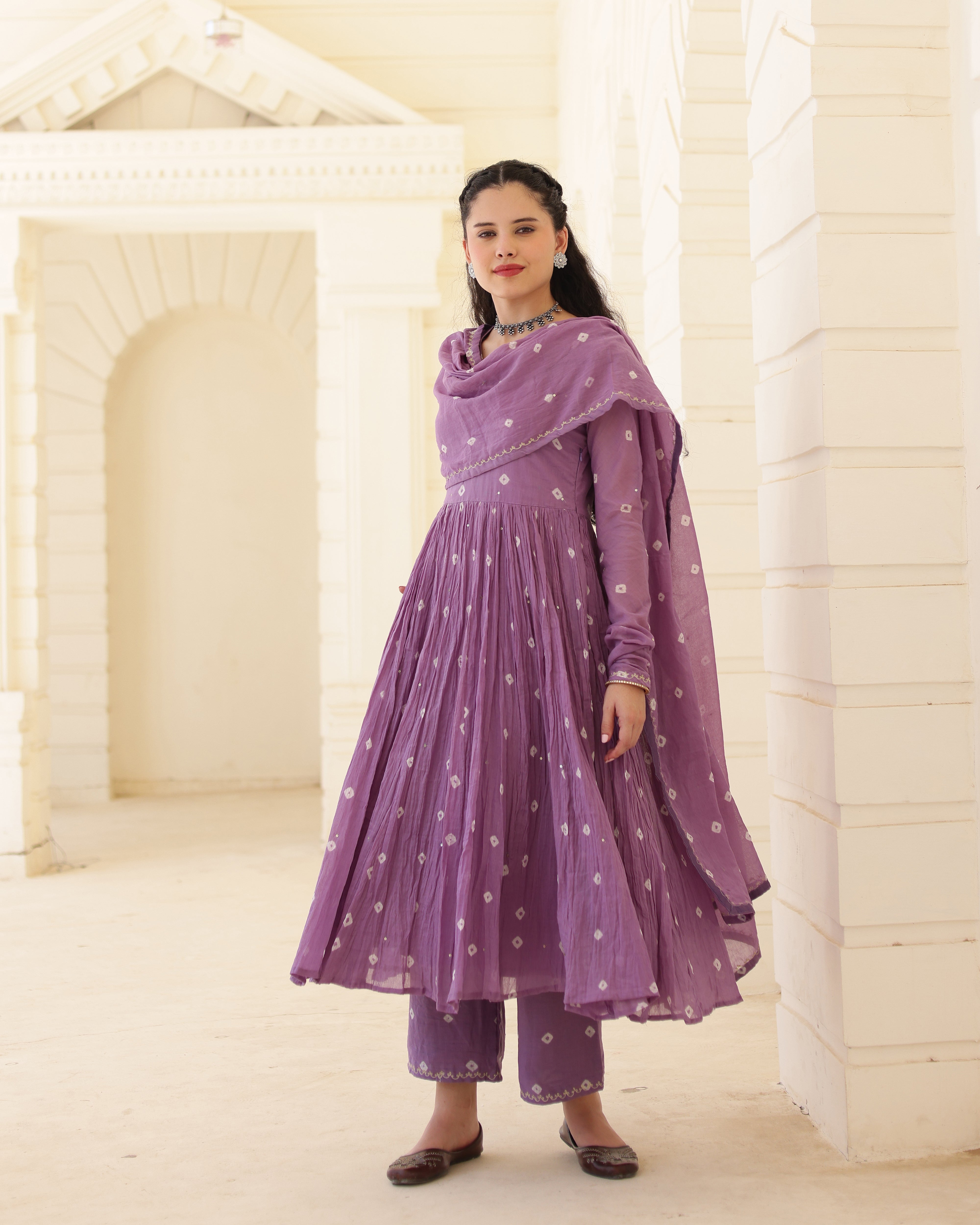 Lilac Noor Cotton Mulmul Bandhani Suit Set with Aari Zari Embroidery