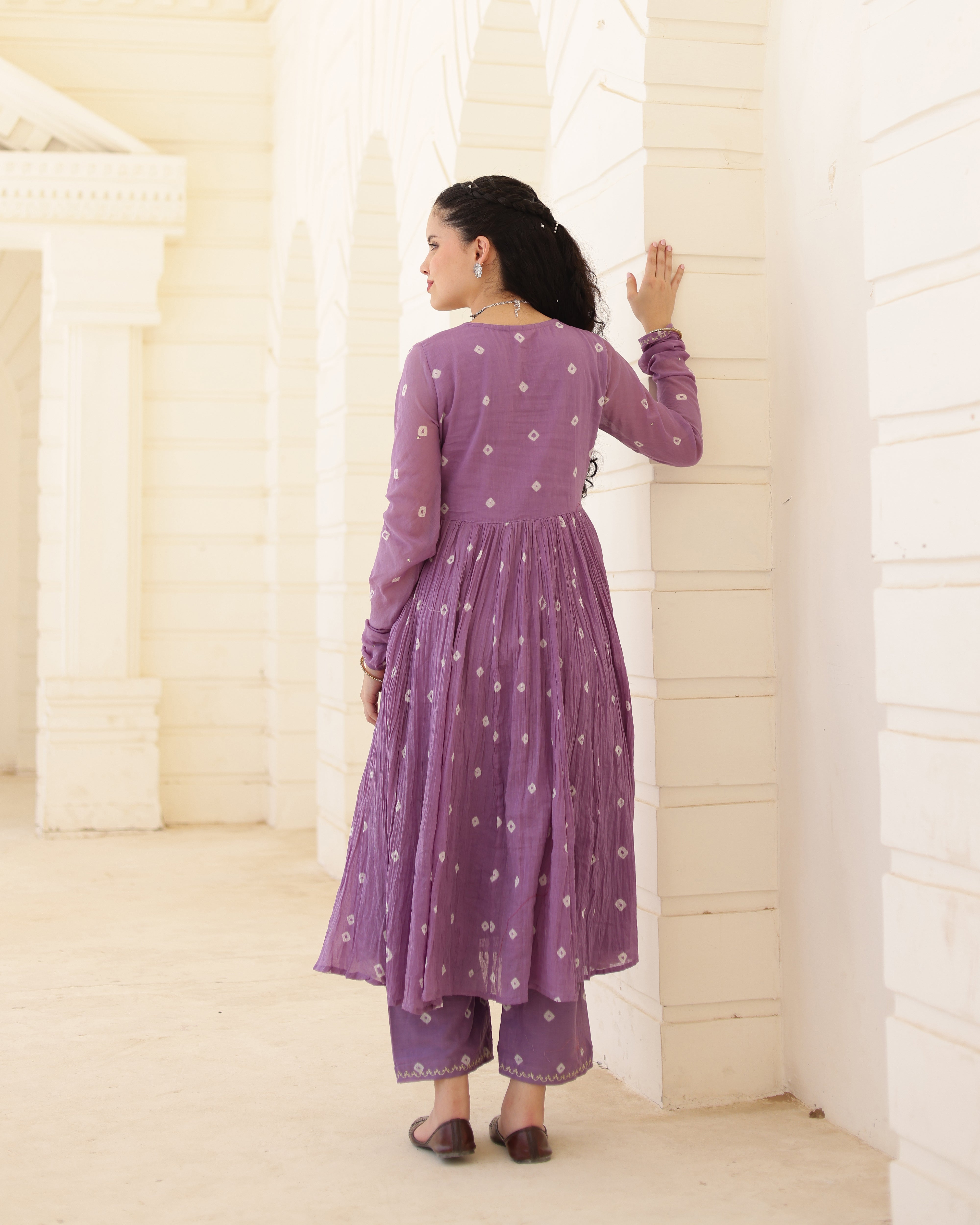 Lilac Noor Cotton Mulmul Bandhani Suit Set with Aari Zari Embroidery