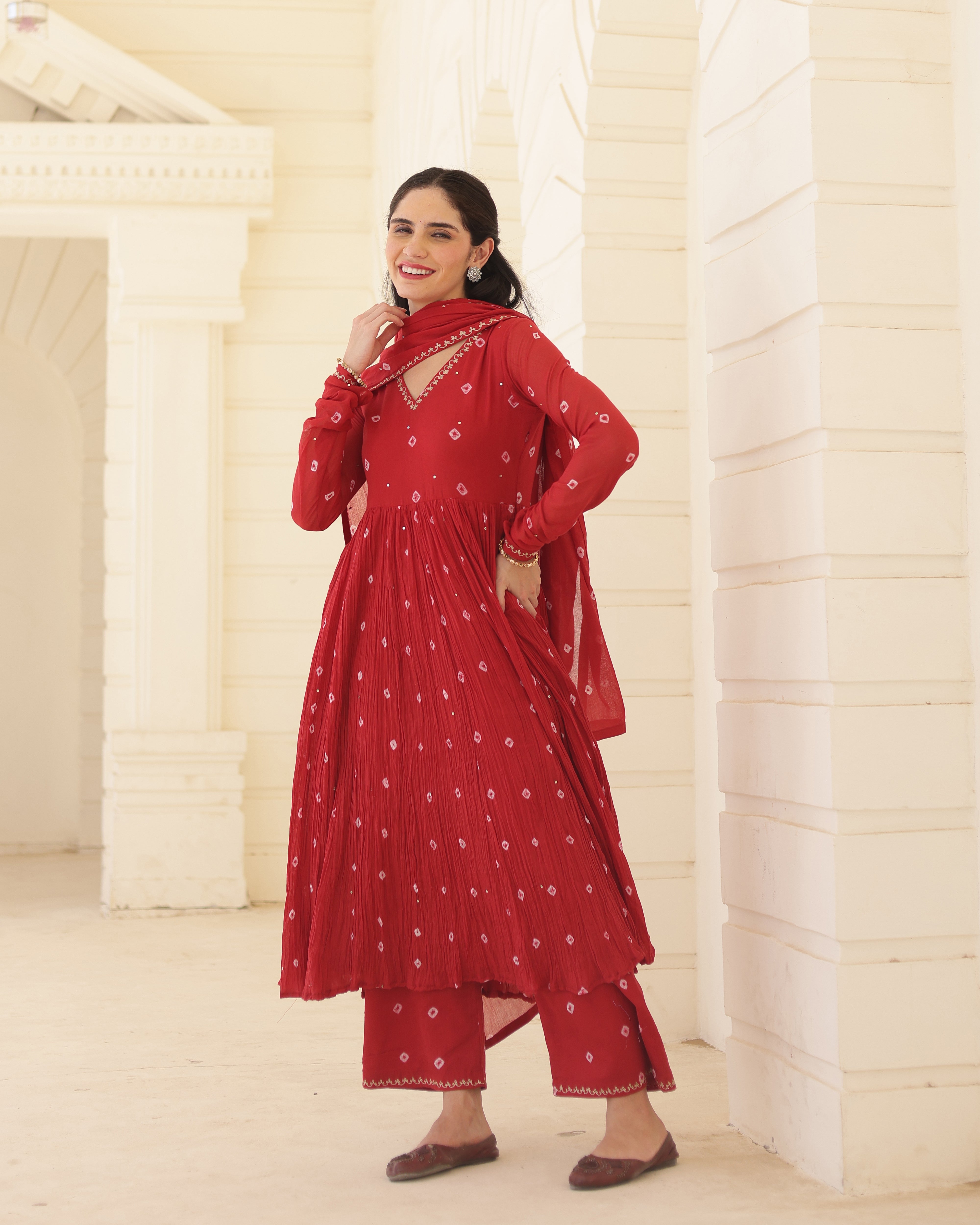 Ruhani Crimson Cotton Mulmul Bandhani Suit Set with Aari Zari Embroidery