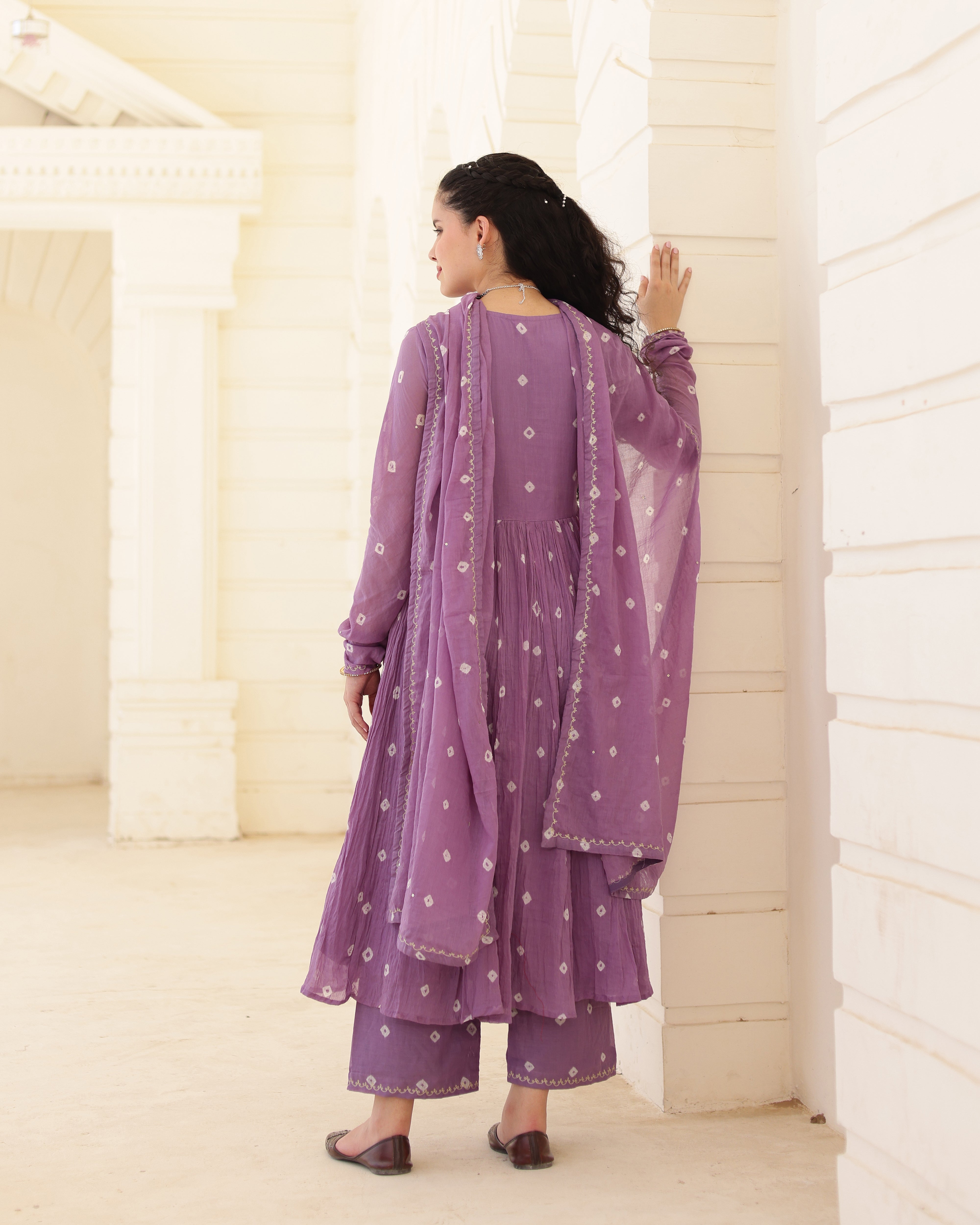 Lilac Noor Cotton Mulmul Bandhani Suit Set with Aari Zari Embroidery