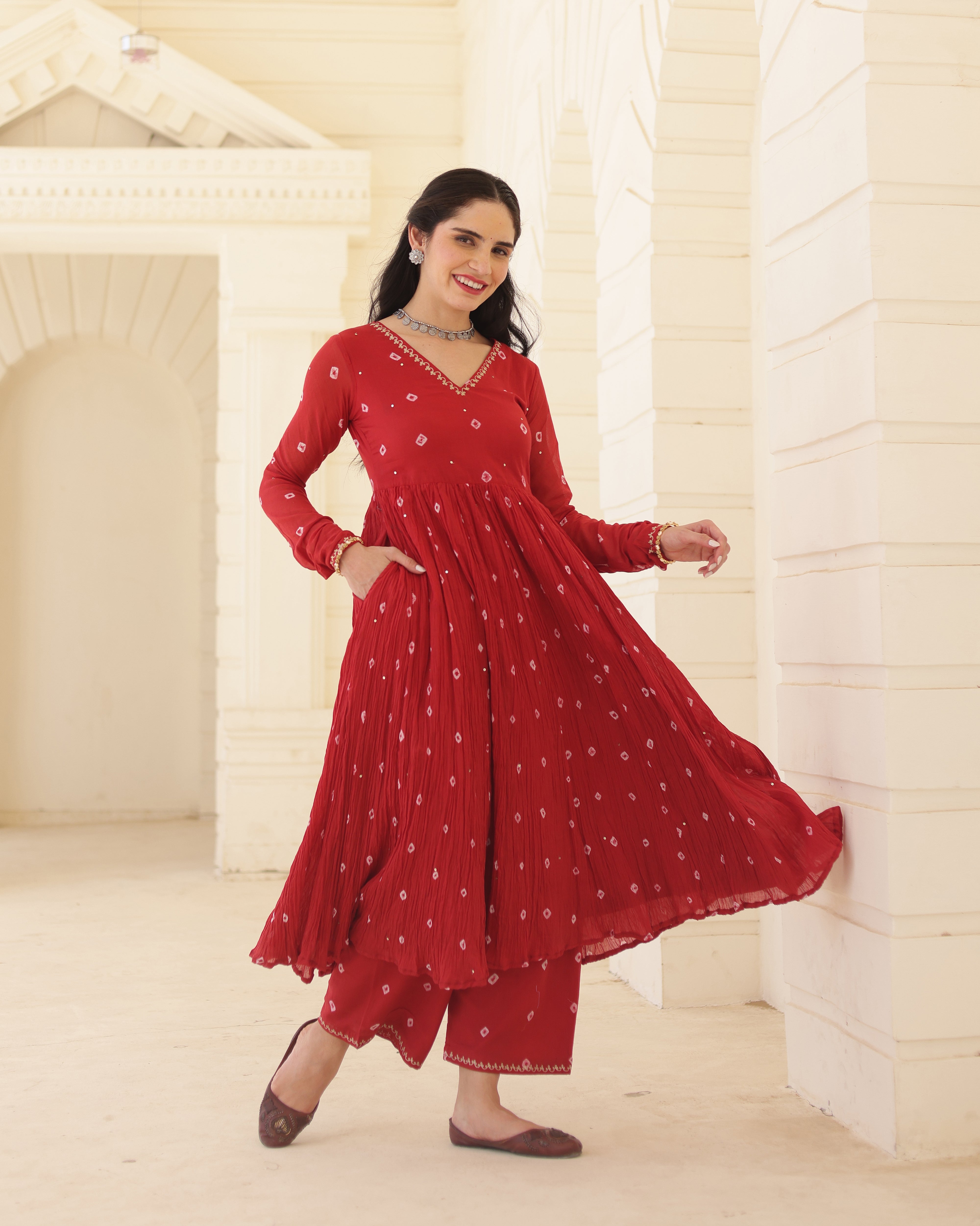 Ruhani Crimson Cotton Mulmul Bandhani Suit Set with Aari Zari Embroidery