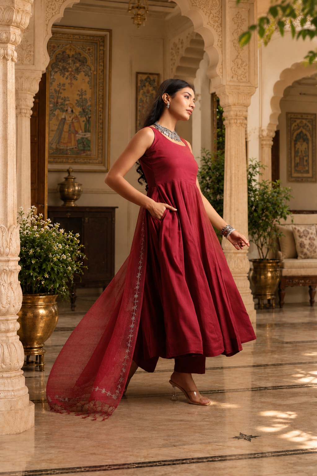 Maroon Mulmul Anarkali Set With Taari And Zari Embroidred Doriya Dupatta