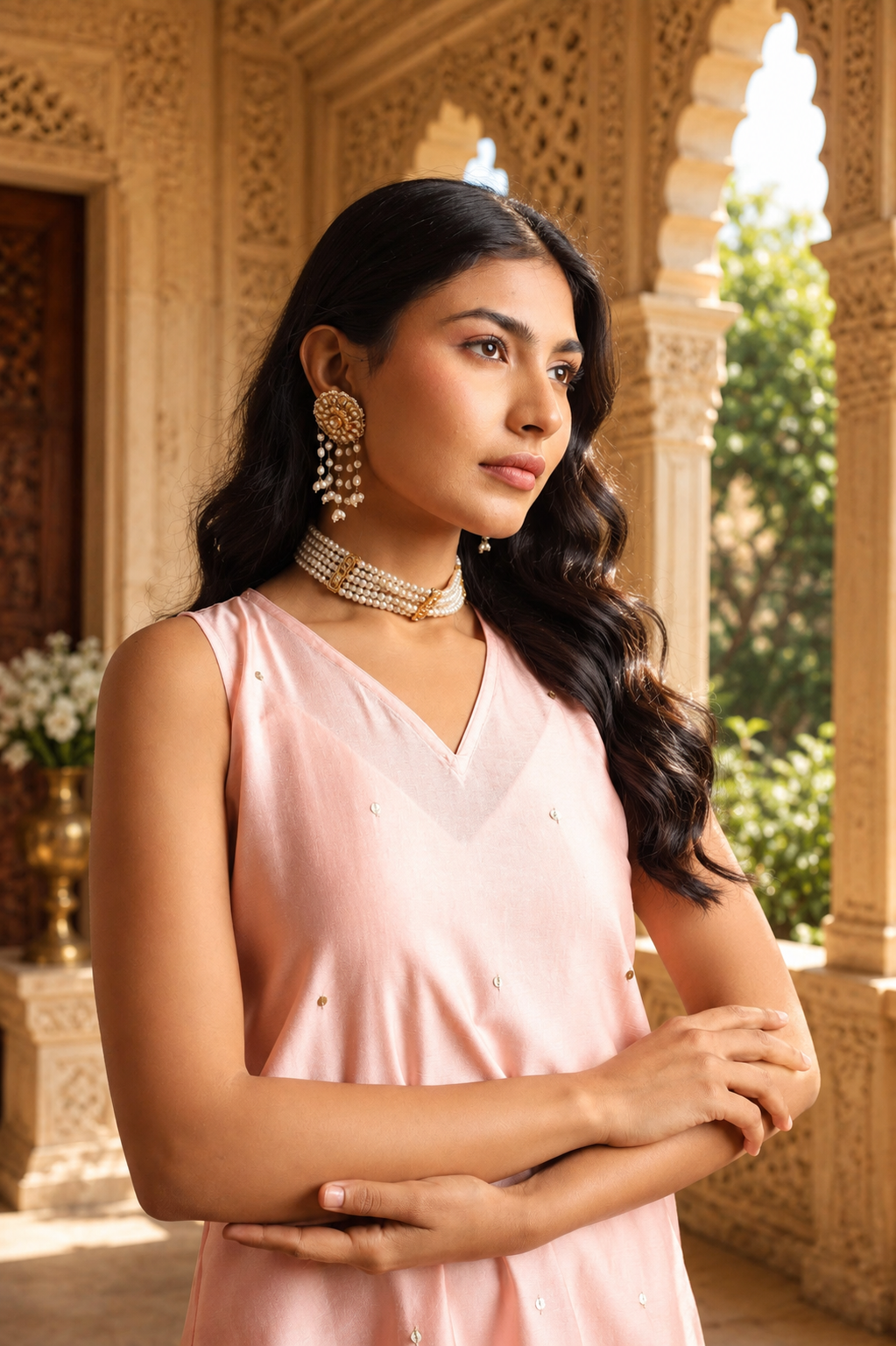 Light Pink Chanderi Taari Embroidered Straight Set With Matching Doriya Dupatta