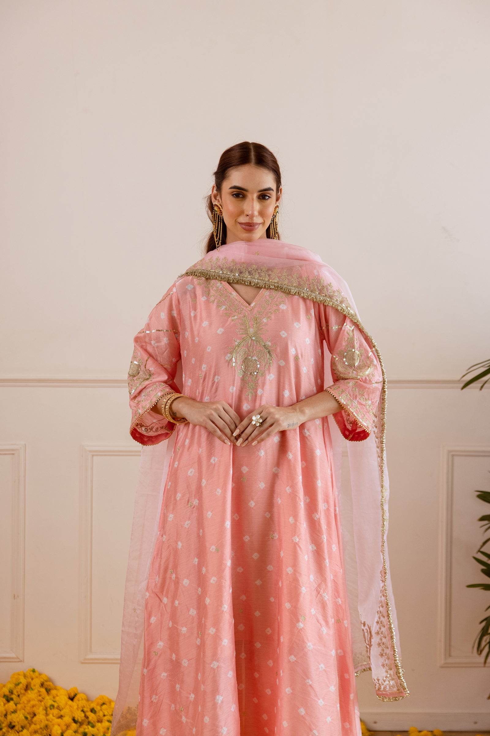 Soft Peach Hand Bandhej straight Suit Set- Asrumo