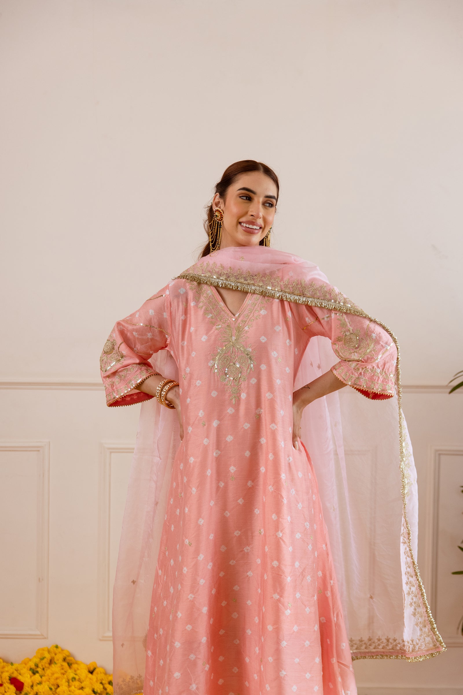 Soft Peach Hand Bandhej straight Suit Set- Asrumo