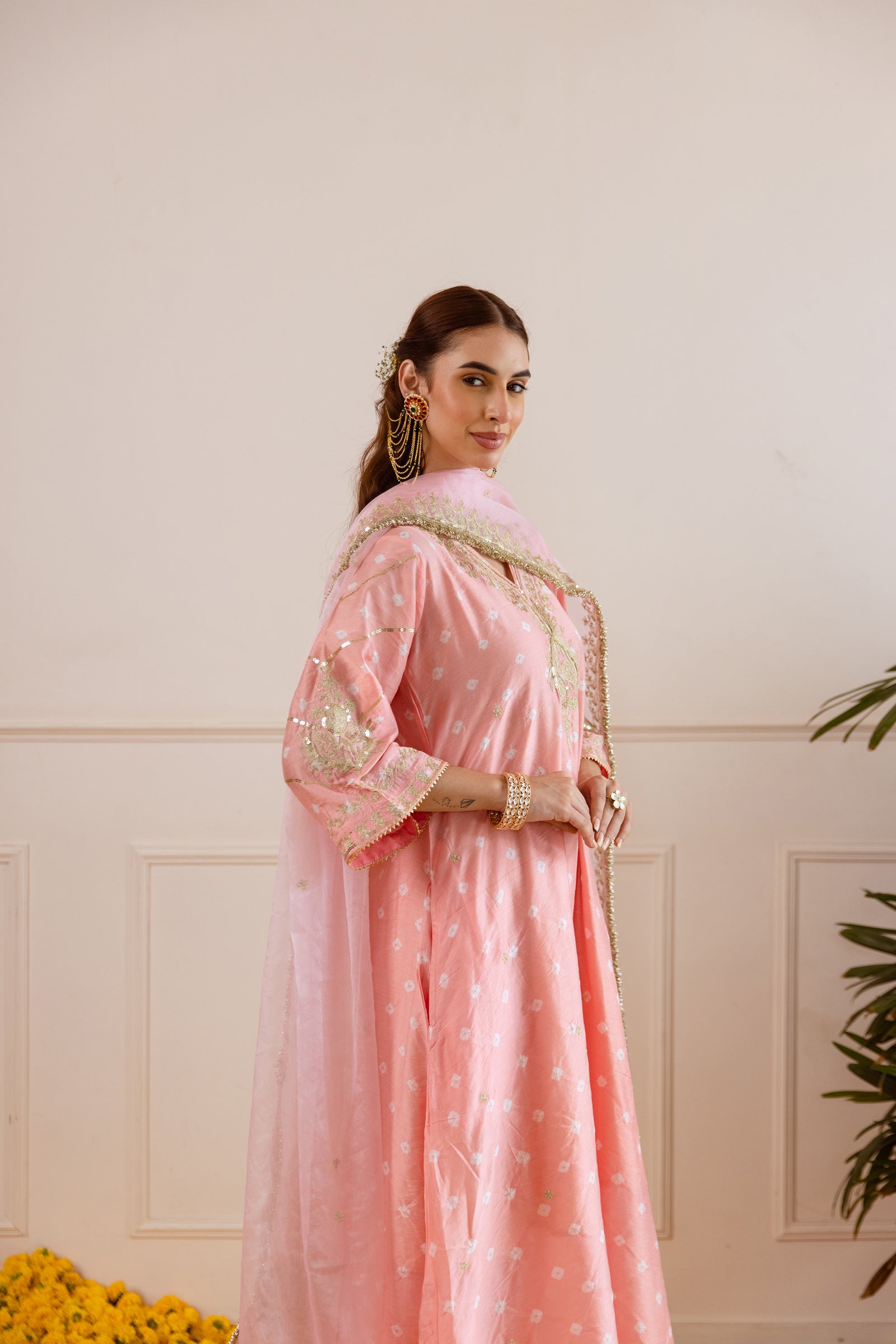 Soft Peach Hand Bandhej straight Suit Set- Asrumo