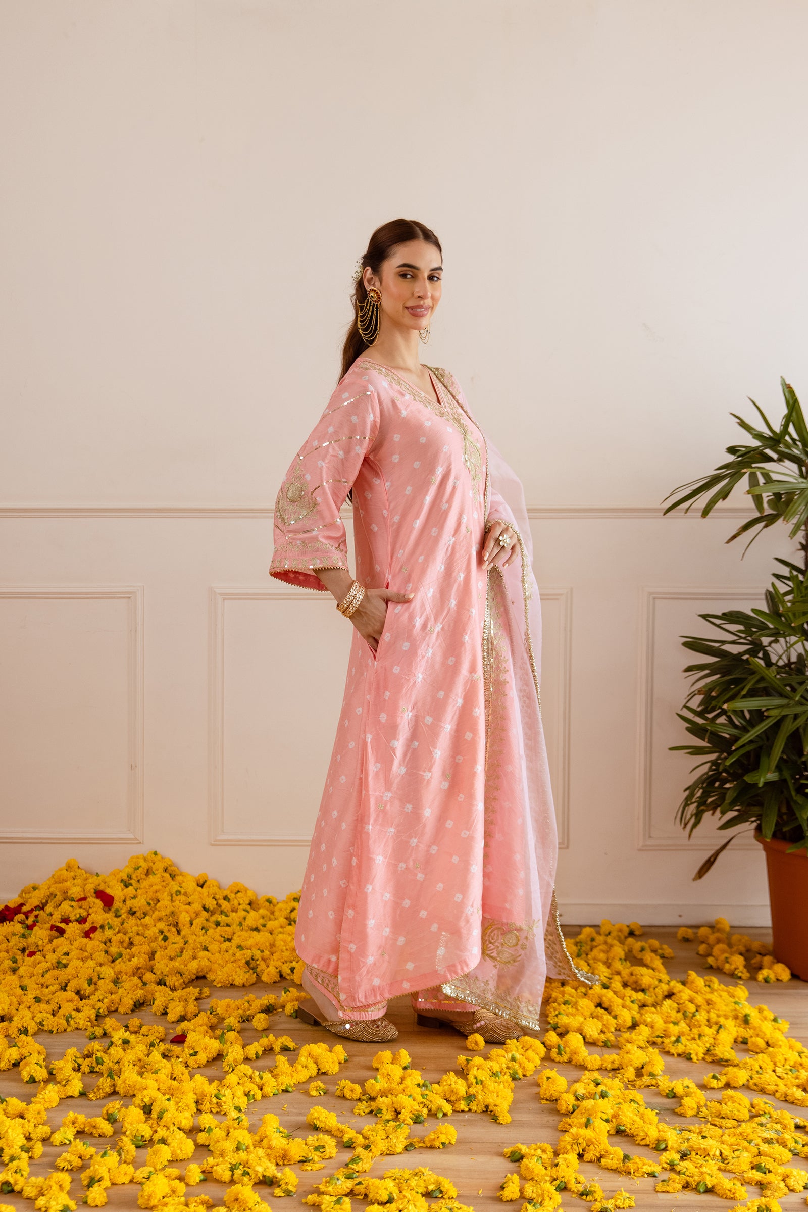 Soft Peach Hand Bandhej straight Suit Set- Asrumo