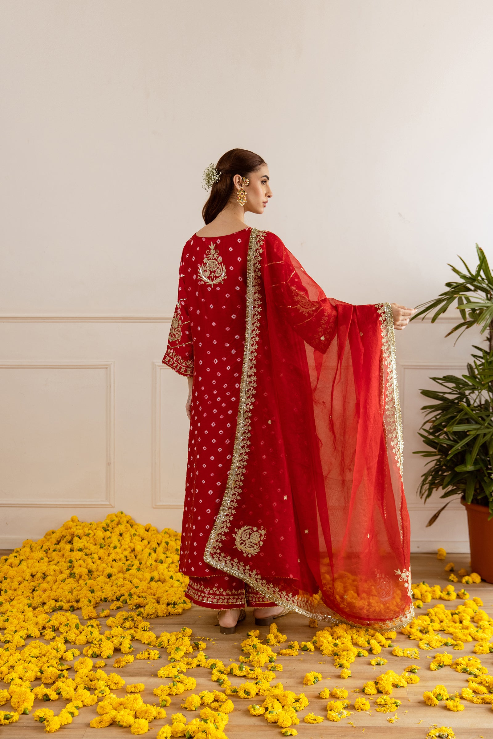 Festive Red Hand Bandhej Straight Suit Set - Asrumo