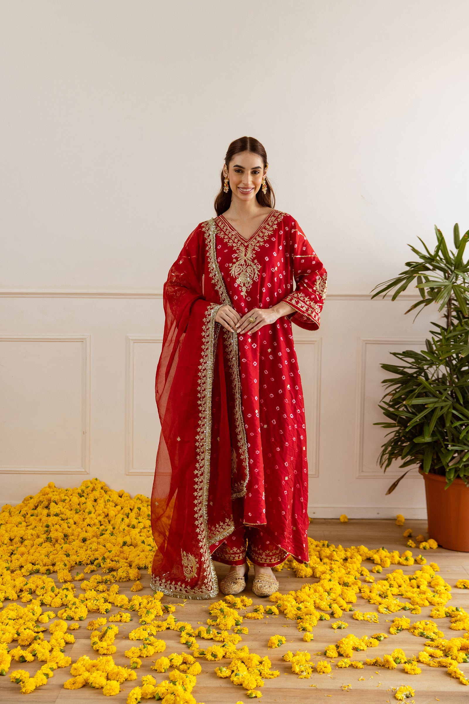 Festive Red Hand Bandhej Straight Suit Set - Asrumo