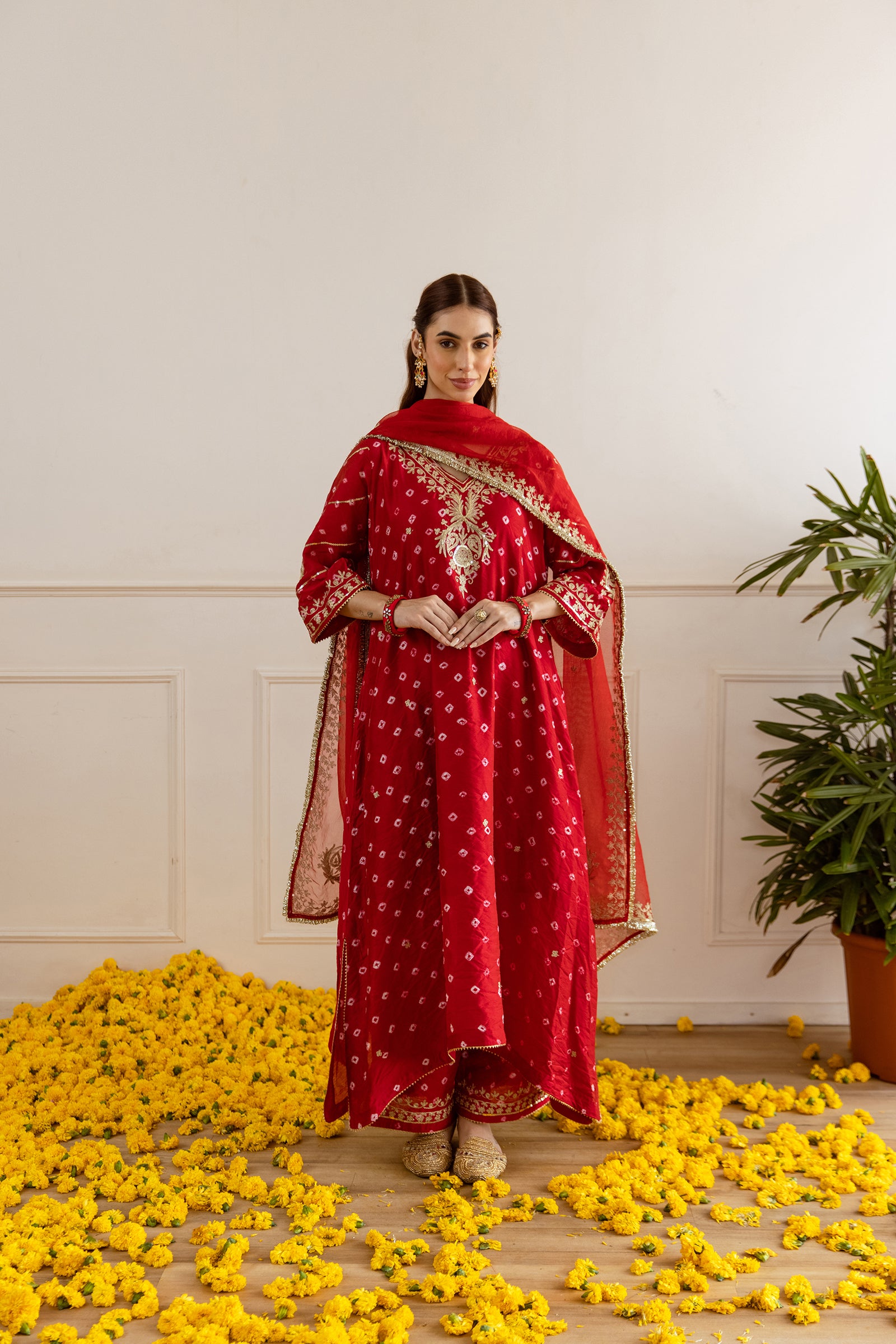 Festive Red Hand Bandhej Straight Suit Set - Asrumo