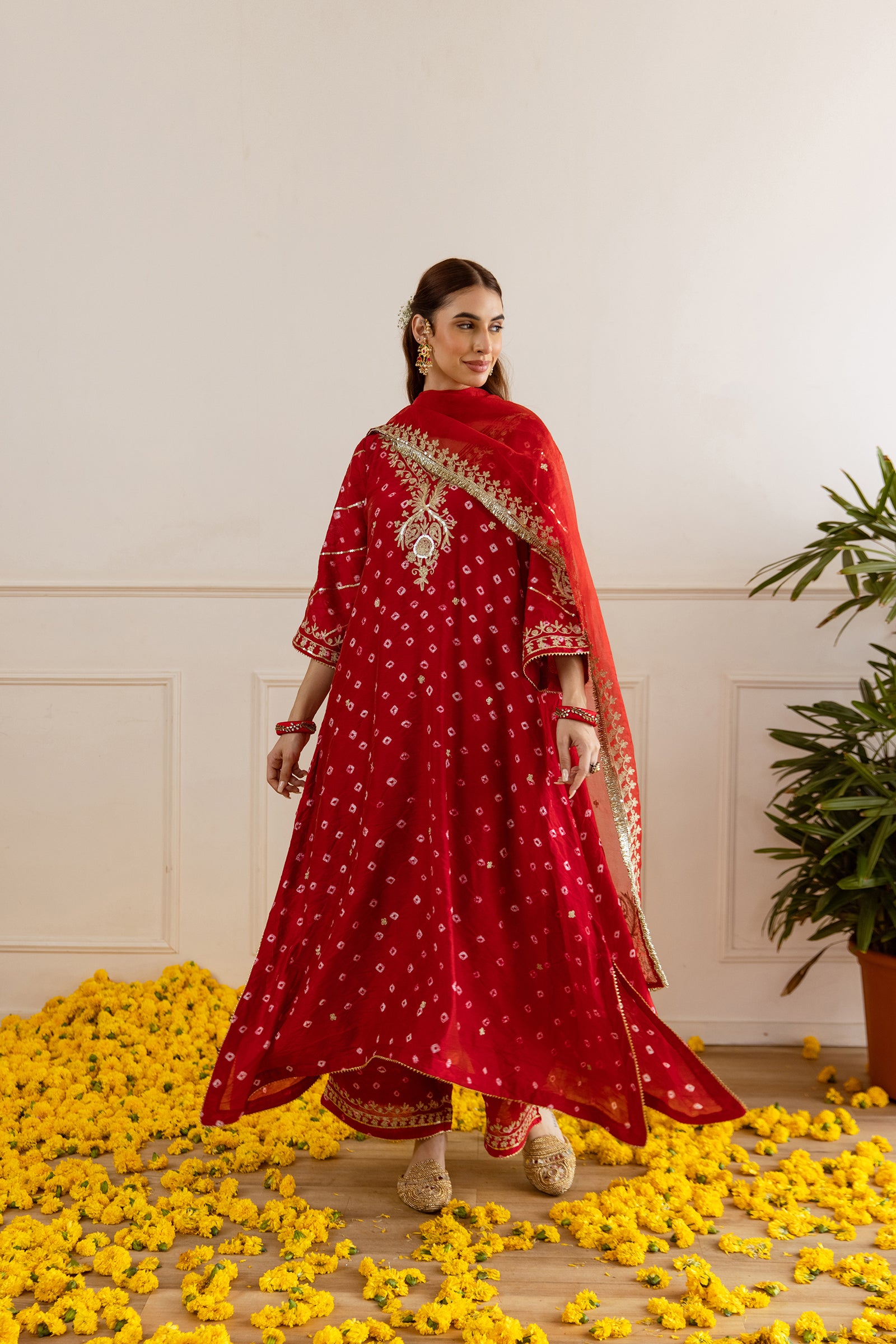 Festive Red Hand Bandhej Straight Suit Set - Asrumo