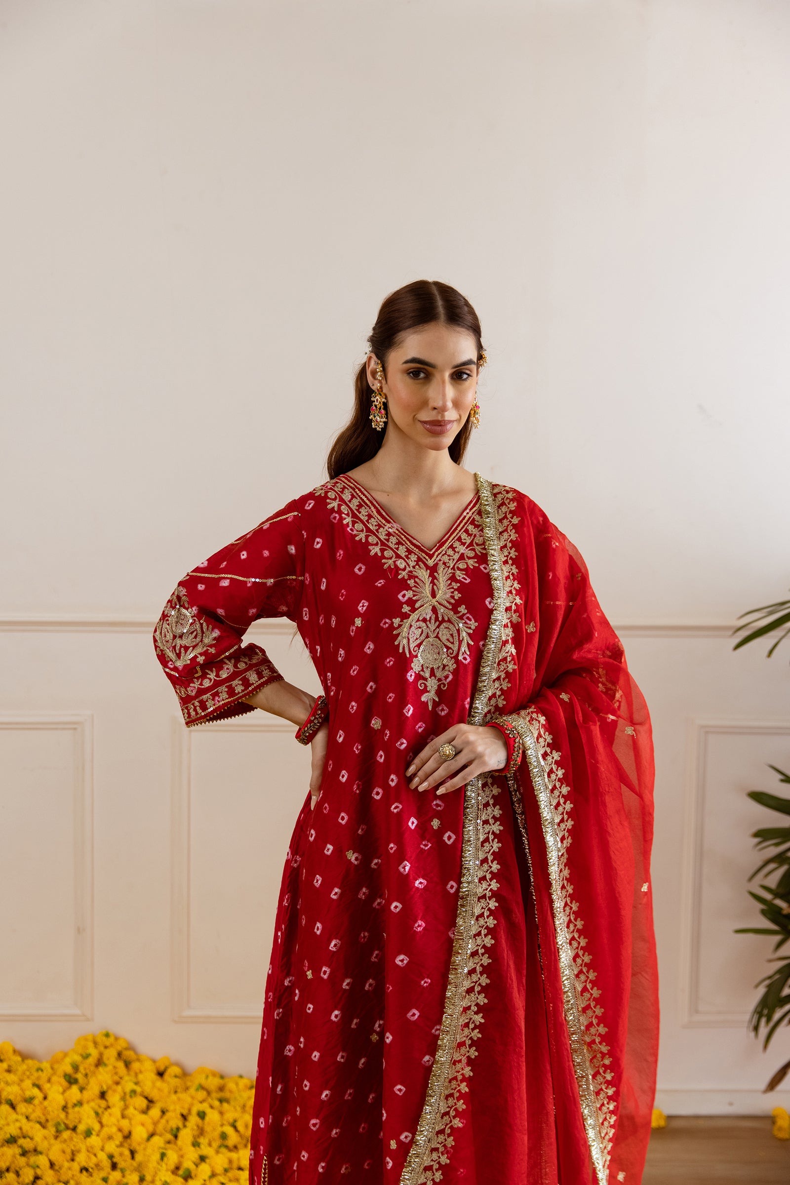 Festive Red Hand Bandhej Straight Suit Set - Asrumo