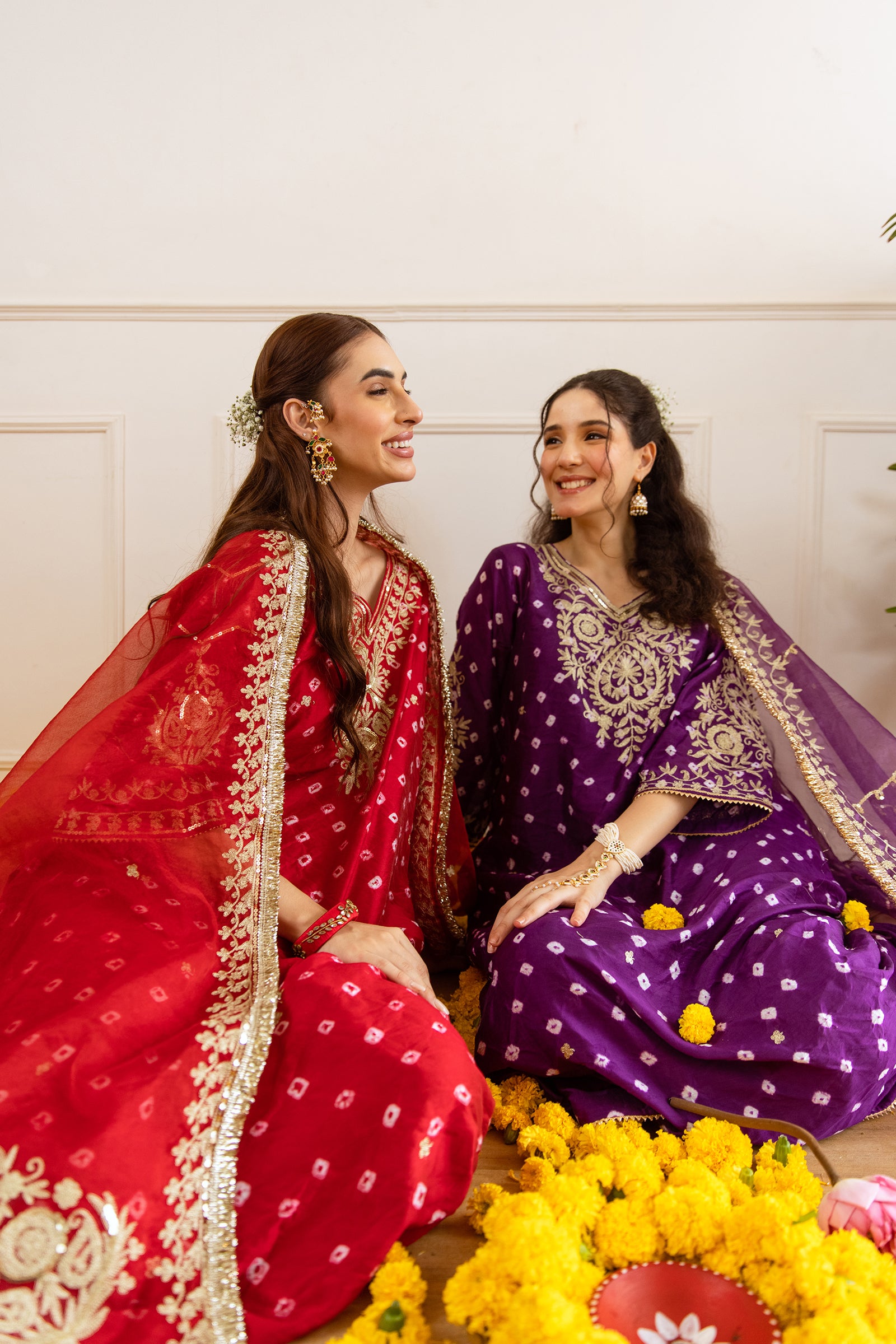 Festive Red Hand Bandhej Straight Suit Set - Asrumo