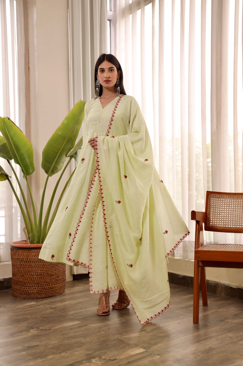 Chanderi pista green embroidered anarkali set Asrumo