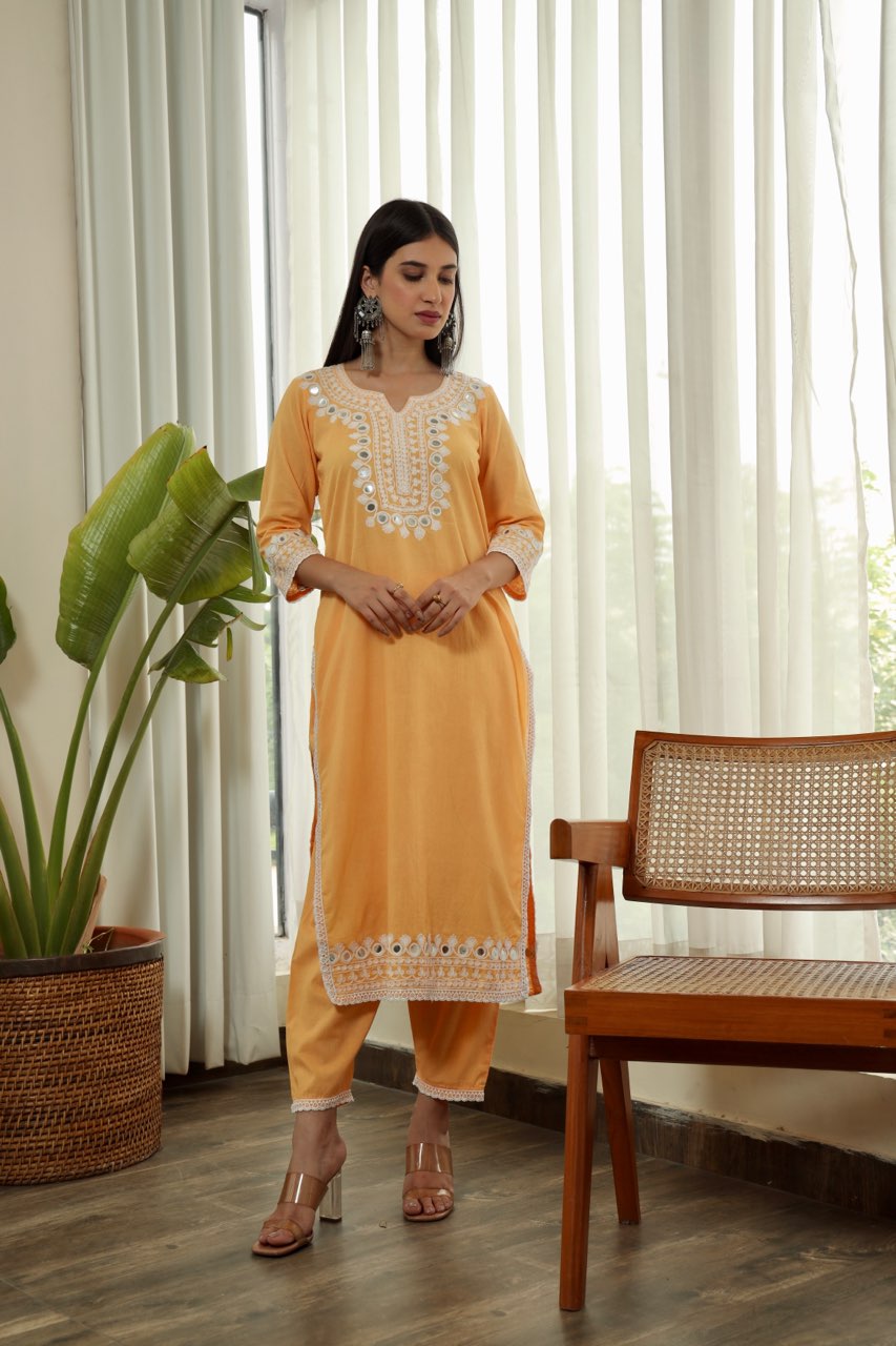 Yellow embroidered cotton straight set Asrumo