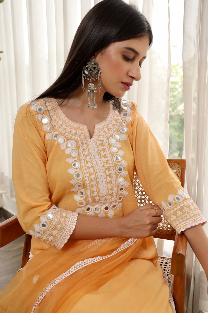 Yellow embroidered cotton straight set Asrumo