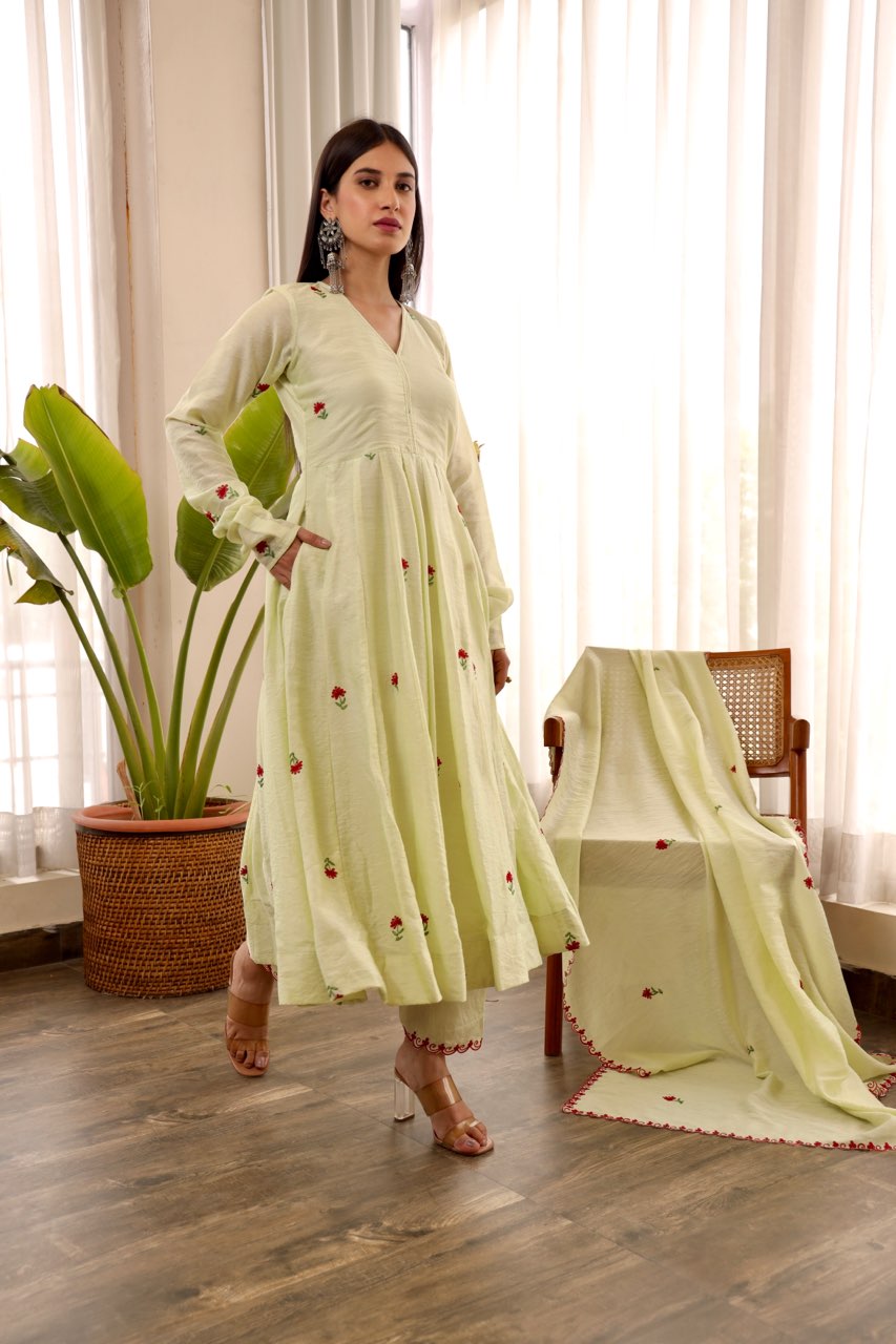 Chanderi pista green embroidered anarkali set Asrumo
