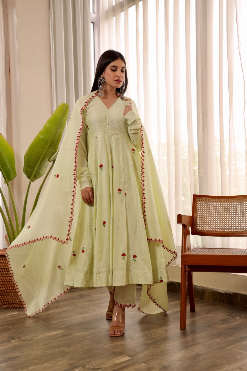 Chanderi pista green embroidered anarkali set Asrumo