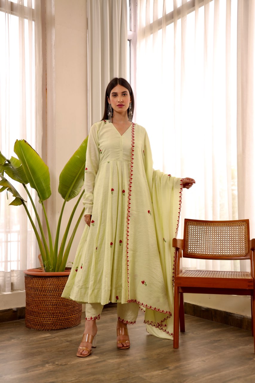 Chanderi pista green embroidered anarkali set Asrumo