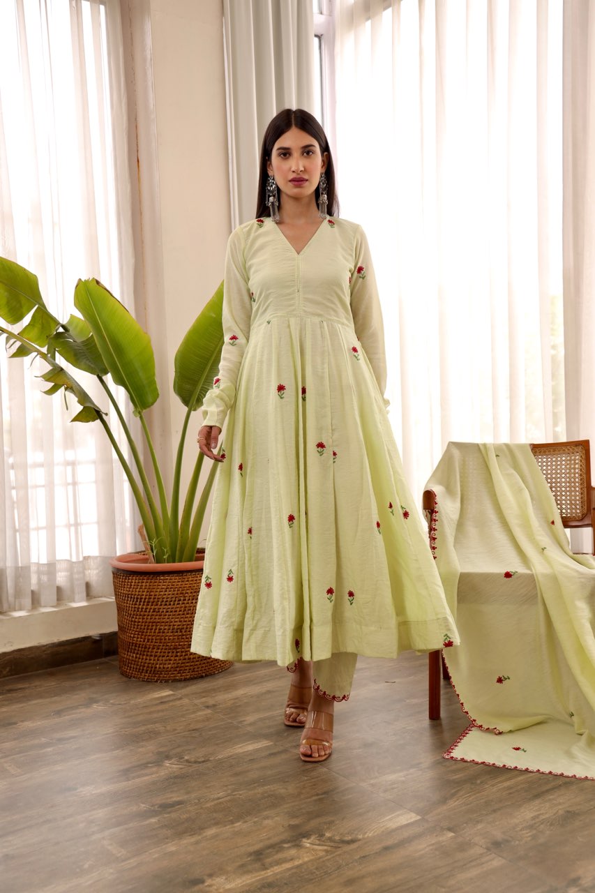 Chanderi pista green embroidered anarkali set Asrumo