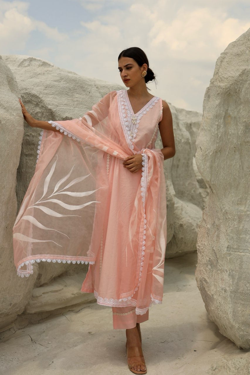 Pink Cotton White leaf Organza Dupatta Straight set Asrumo