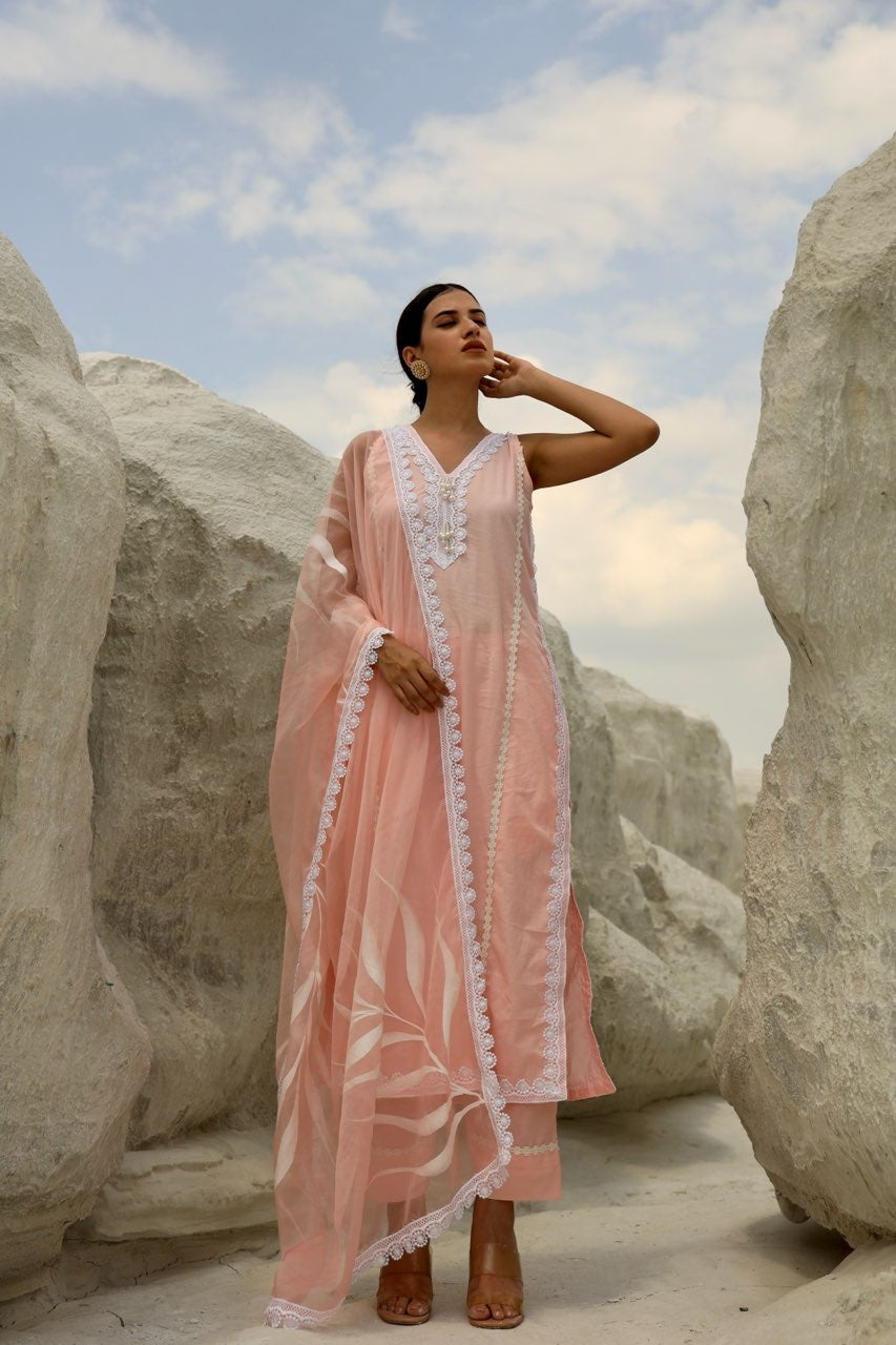 Pink Cotton White leaf Organza Dupatta Straight set Asrumo