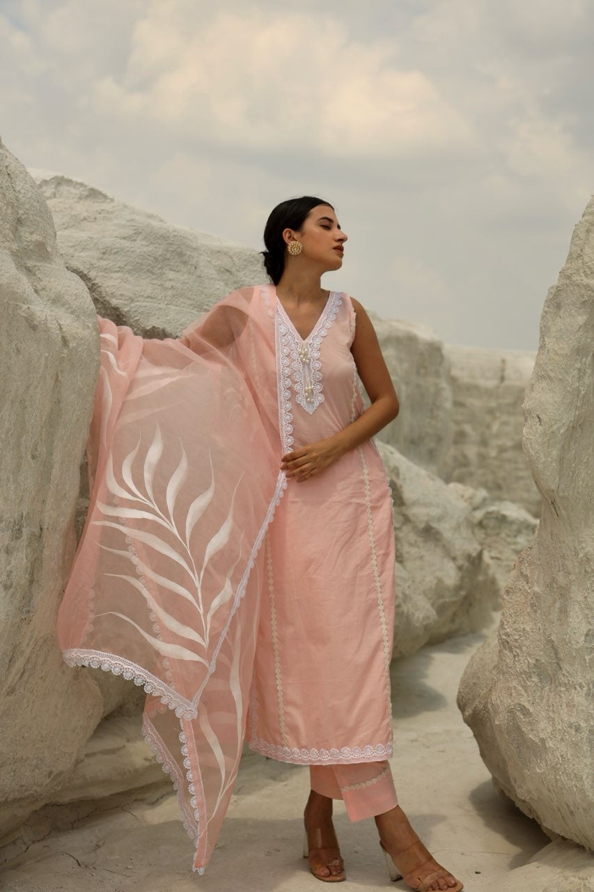 Pink Cotton White leaf Organza Dupatta Straight set Asrumo