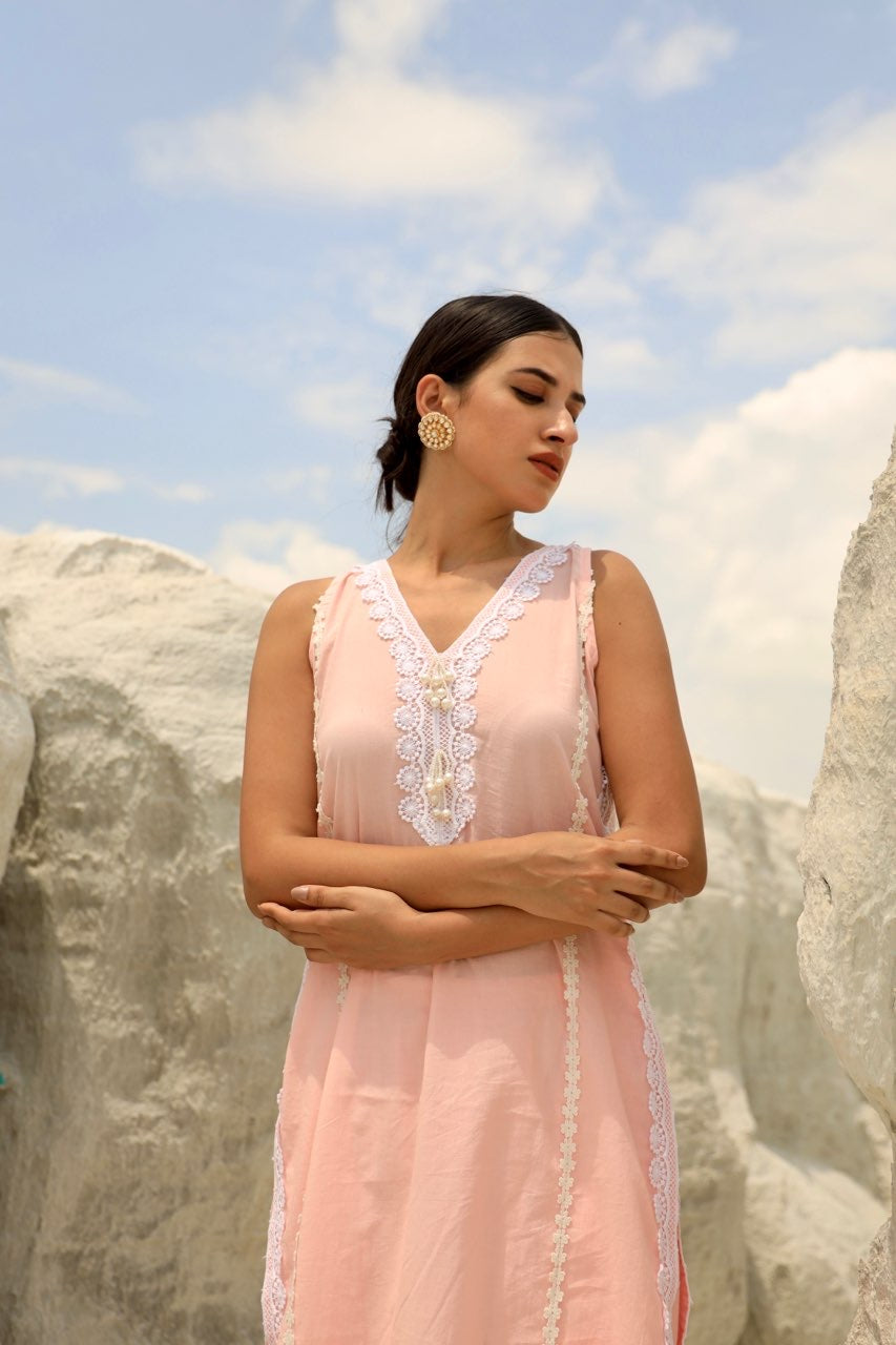 Pink Cotton White leaf Organza Dupatta Straight set Asrumo