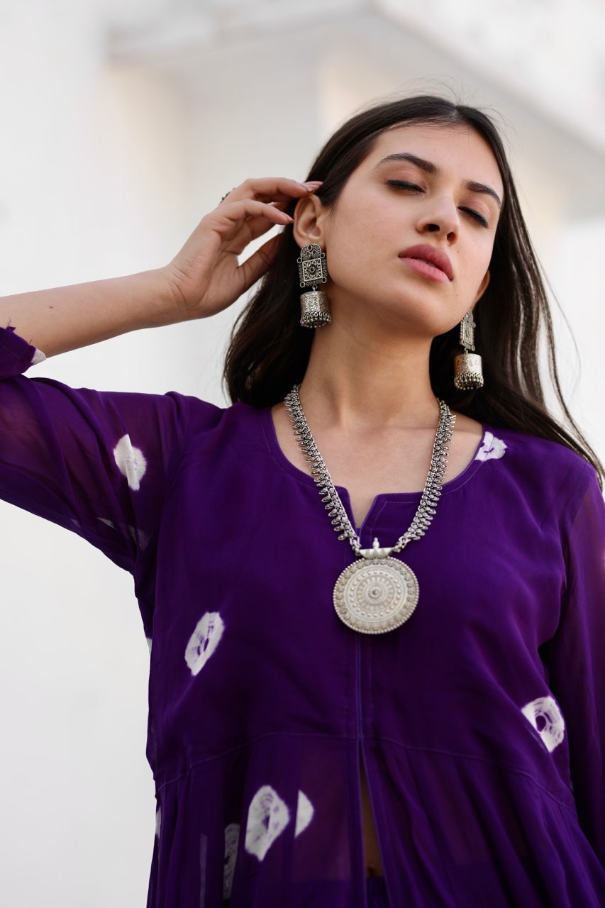 Sabita purple bhandhej anarkali set Asrumo