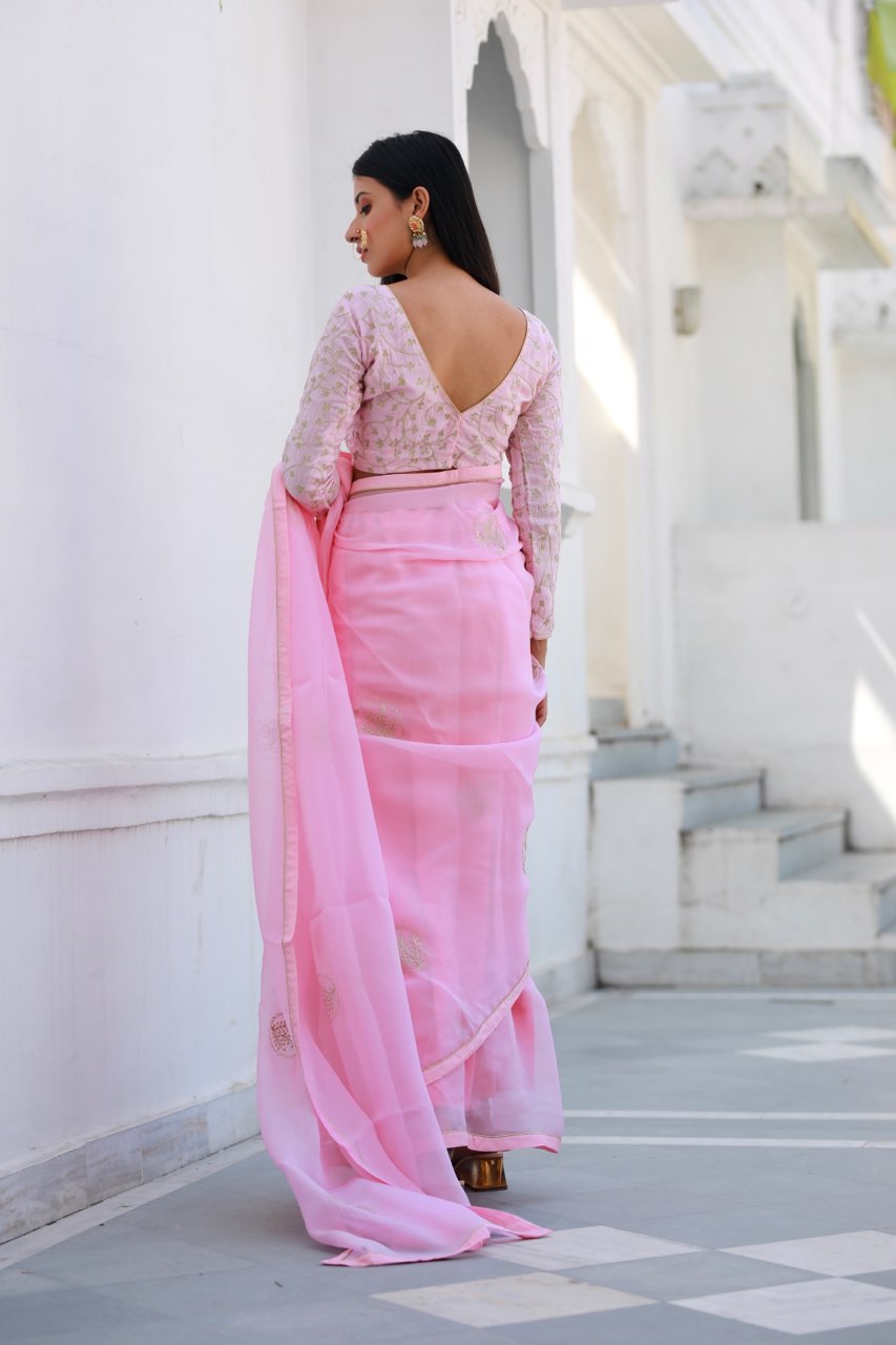 Shreeja pink viscose silk organza saree Asrumo