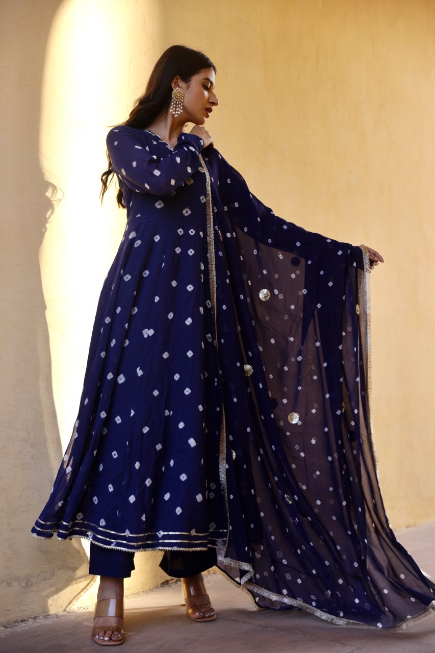 Blue handcrafted bhandhej anarkali Asrumo