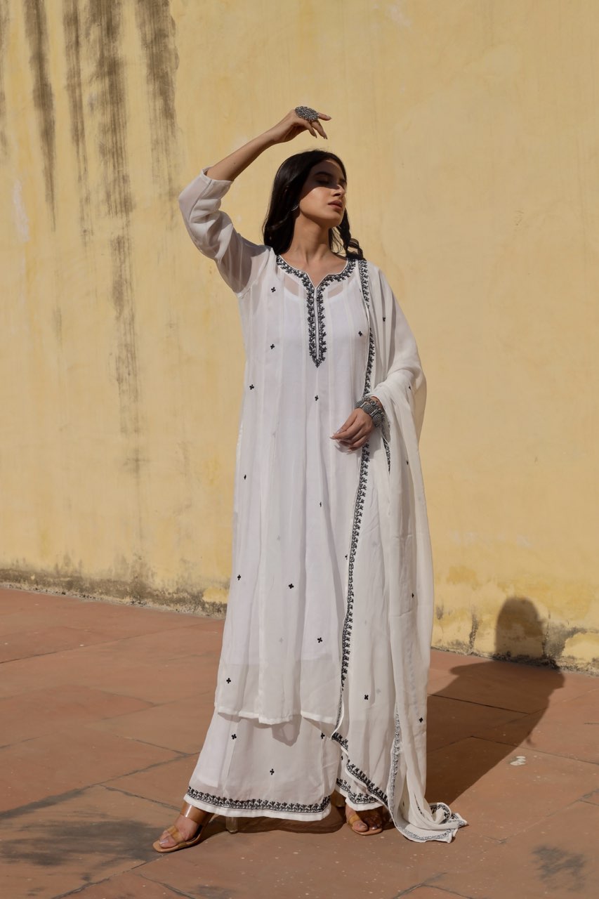 White georgette black dot anarkali set Asrumo