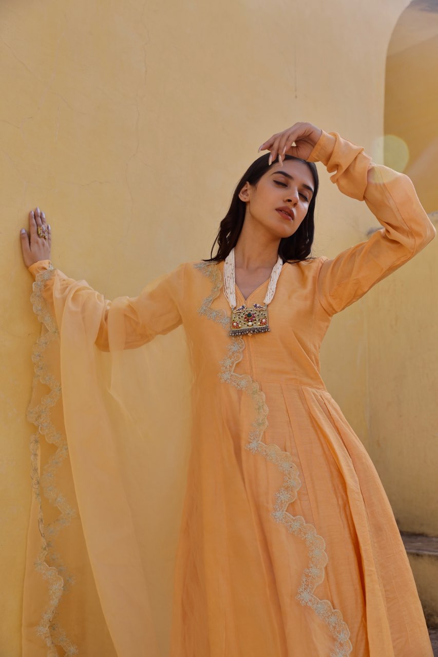 Yellow zari work chanderi anarkali set Asrumo