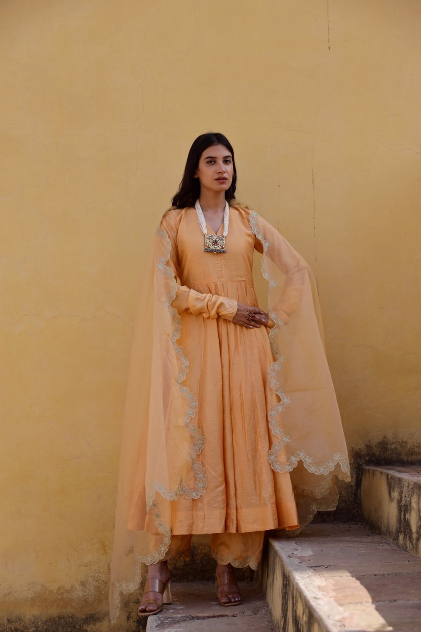 Yellow zari work chanderi anarkali set Asrumo