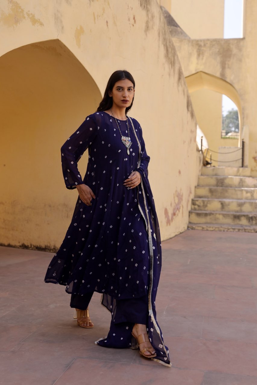 Blue tie and dye bhandhej anarkali Asrumo