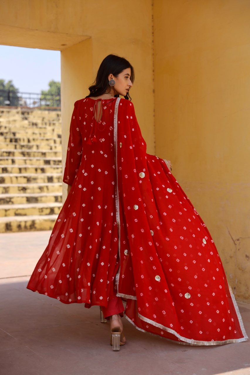 Red hand tie and dye bhandhej anarkali Asrumo