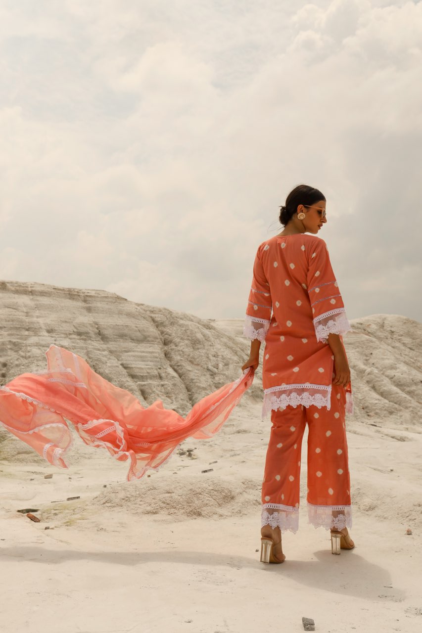 Peach Cotton white Lace Straight set Asrumo