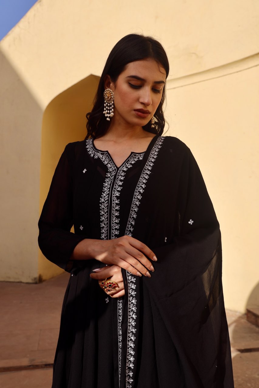 Black georgette white dot anarkali set Asrumo