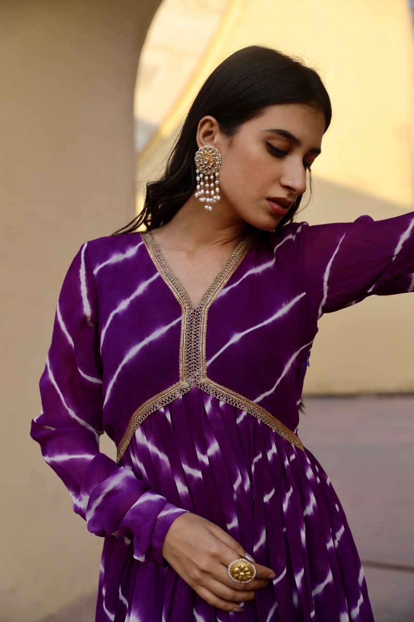 Purple tie and dye lehariya anarkali Asrumo