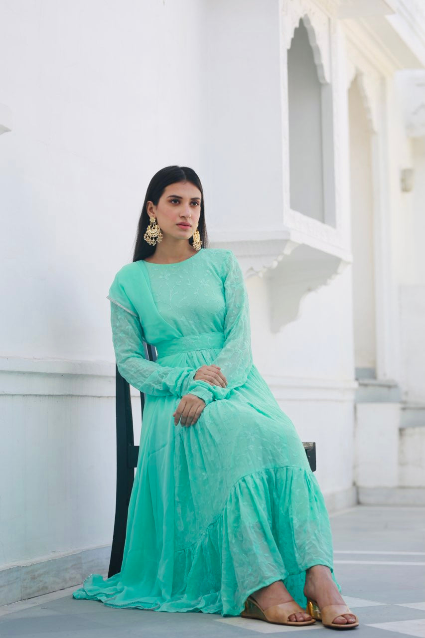 Shree mint full water sequence frill anarkali set Asrumo
