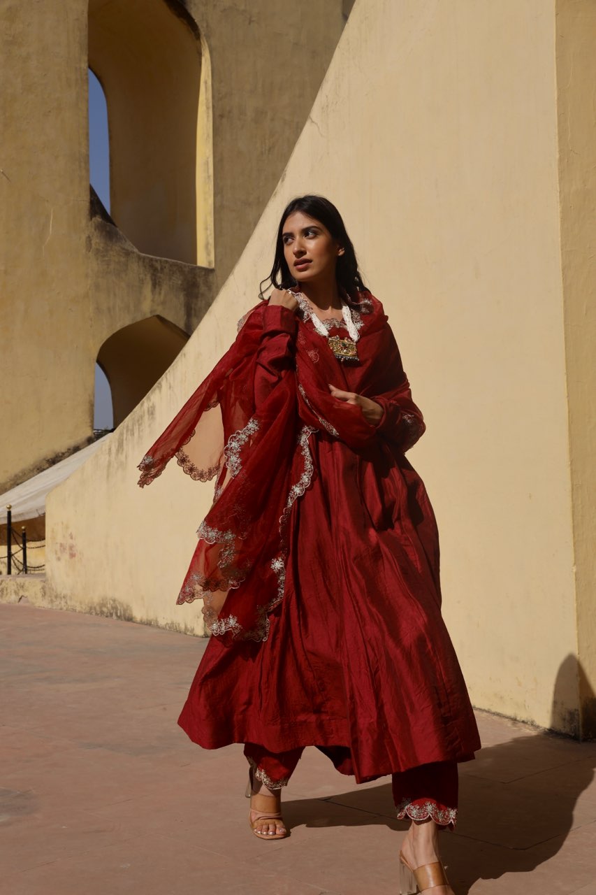 Maroon zari work chanderi anarkali set Asrumo