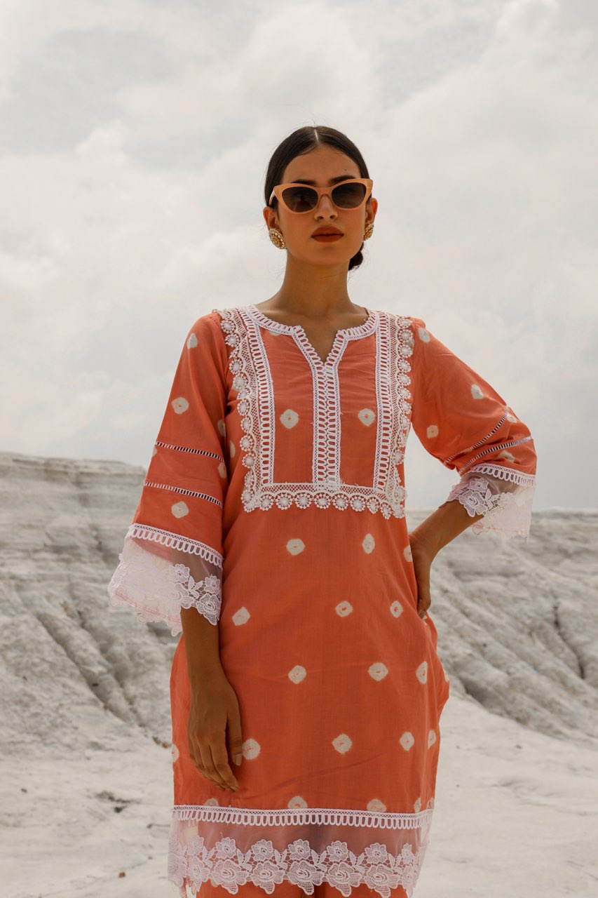 Peach Cotton white Lace Straight set Asrumo